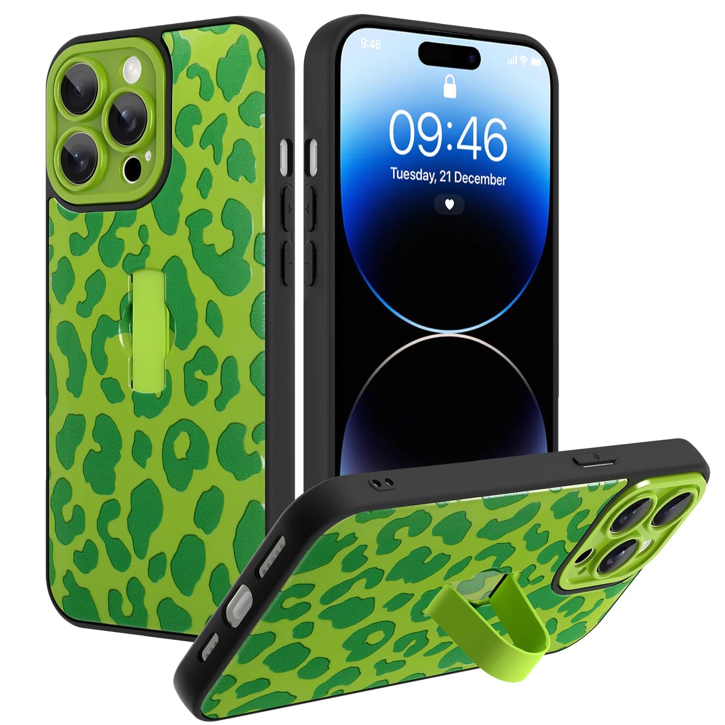 Compatible with iPhone 13 Case, Cute Cheetah Leopard Pattern | Built in Adjustable Wrist Strap Grip Hand Holder Stand Shockproof Kickstand Cover for Women Girls (Black White) WN420