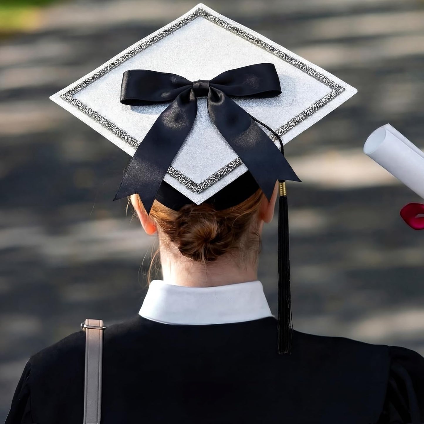 Dunzoom White DIY Graduation Cap Decorations Kit Rhinestone Grad Cap Topper with Tassel Black Bow Glitter Graduation Hat for Class of 2026 Graduate Ceremony Adult Grad Party Gift Art Craft WN420