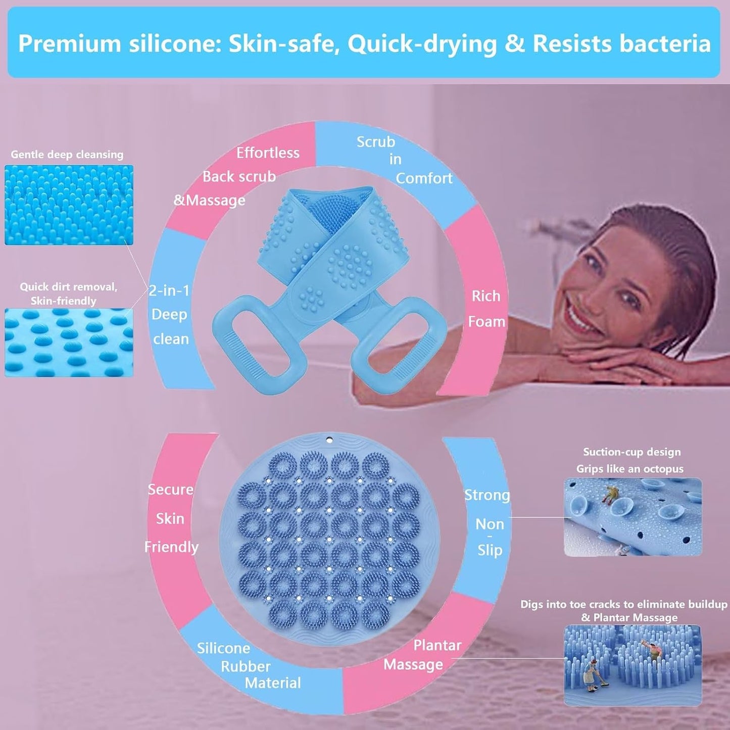 Foot Scrubber&Back Scrubber for Shower Set.Detachable Exfoliating Back Scrubber with Handle+Suction Cup Anti-Slip Foot Scrub Mat Wall Mount for Hygienic Storage&Deep-Cleaning for Men&Women(Pink) BST202