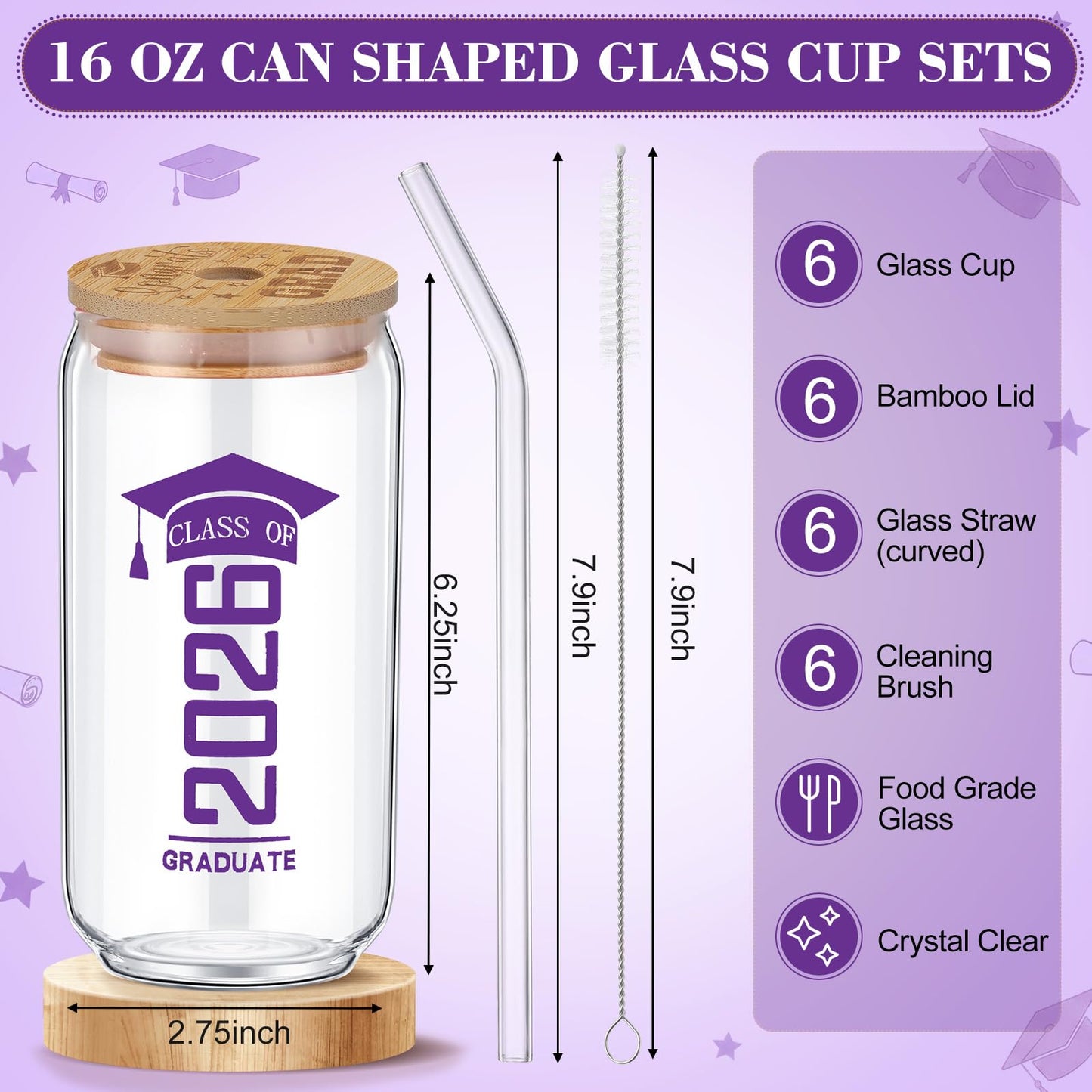 6 Pcs Red and Blue Class of 2026 Graduation Gifts Graduation Glass Cup with Lids Straw 16oz Congrats Grad Coffee Mugs for Her Him Men Women Middle & High School College Tumbler Party Favor BST326H