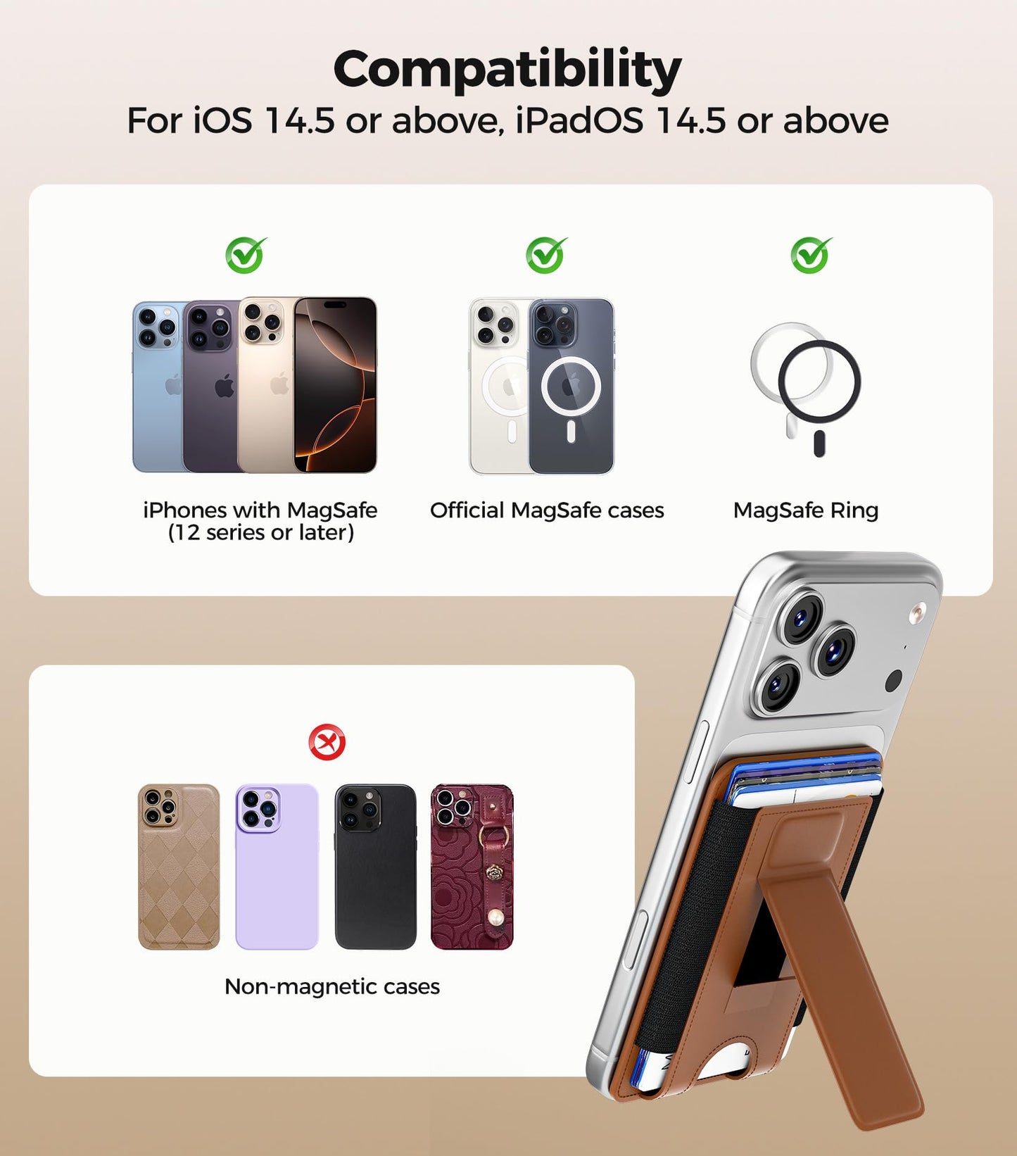 for MagSafe Wallet, Works with Apple Find My, 5-Card RFID Holder with Stand Also Grip, Strong Magnetic Wallet for iPhone 17/16/15/14/13/12 Pro Max Air Plus, Wireless Charging, Brown BST220