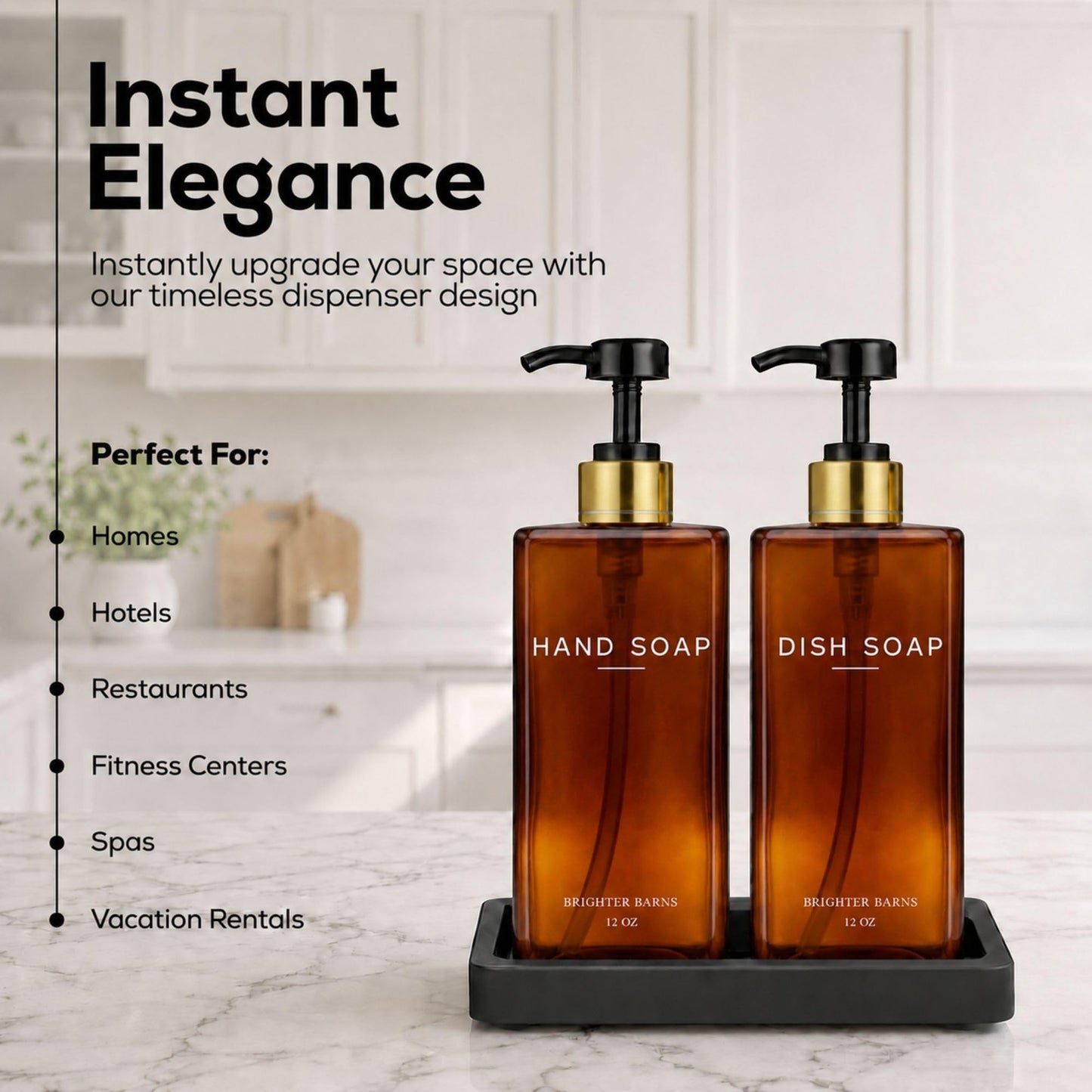 Glass Hand and Dish Soap Dispenser Set by Brighter Barns - Kitchen Soap Dispenser Set with Tray & Pump - Refillable Glass Bottles for Sink - Neutral Kitchen Accessories for Airbnb, Restaurants (Clear) BST326H