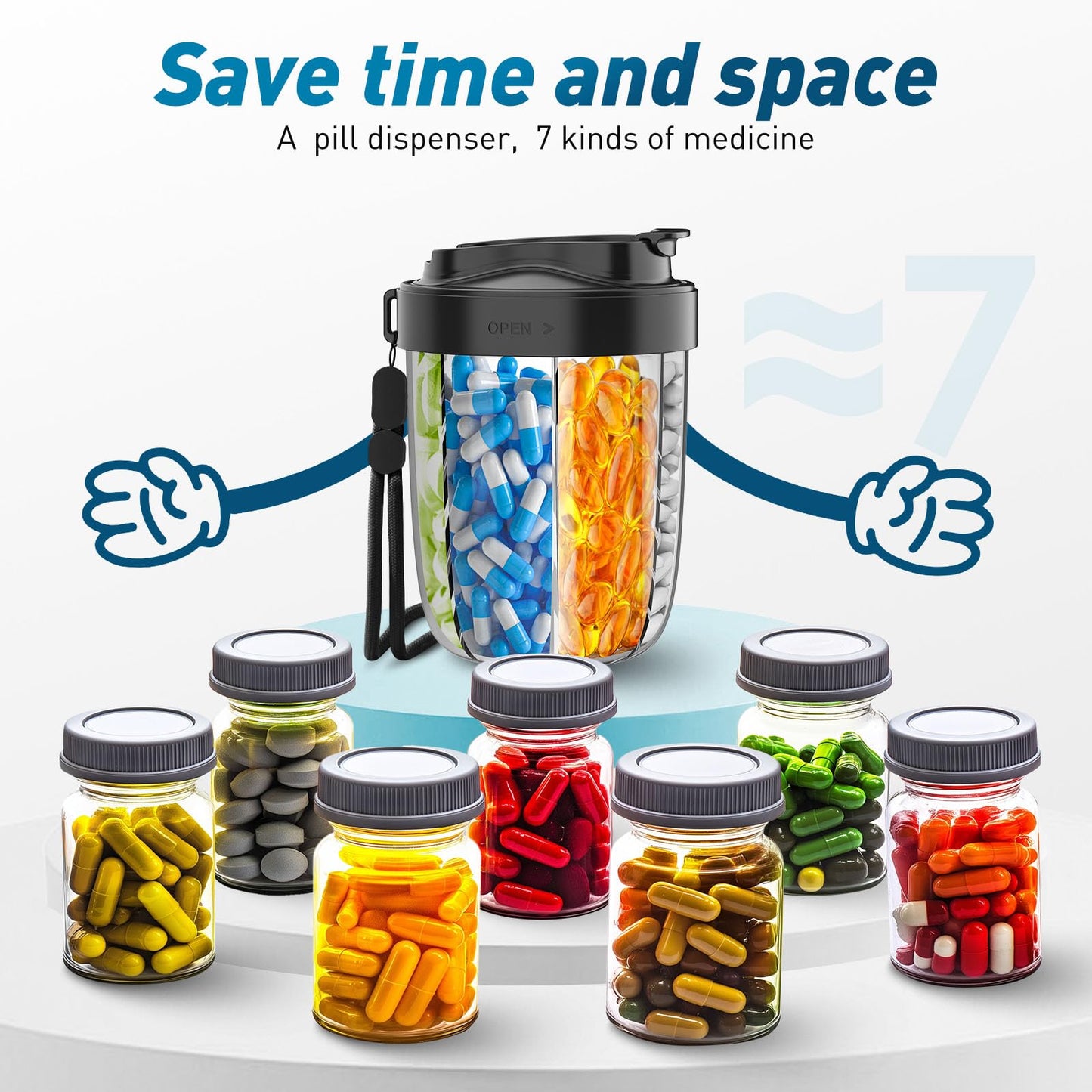 Pill Dispenser with 7 Large Compartments - Portable Pill Organizer for Travel, Anti-Mix Design & Wide Opening Design, Easy Access to Vitamin Dispenser, Includes 20 Blank Stickers (White) WN420