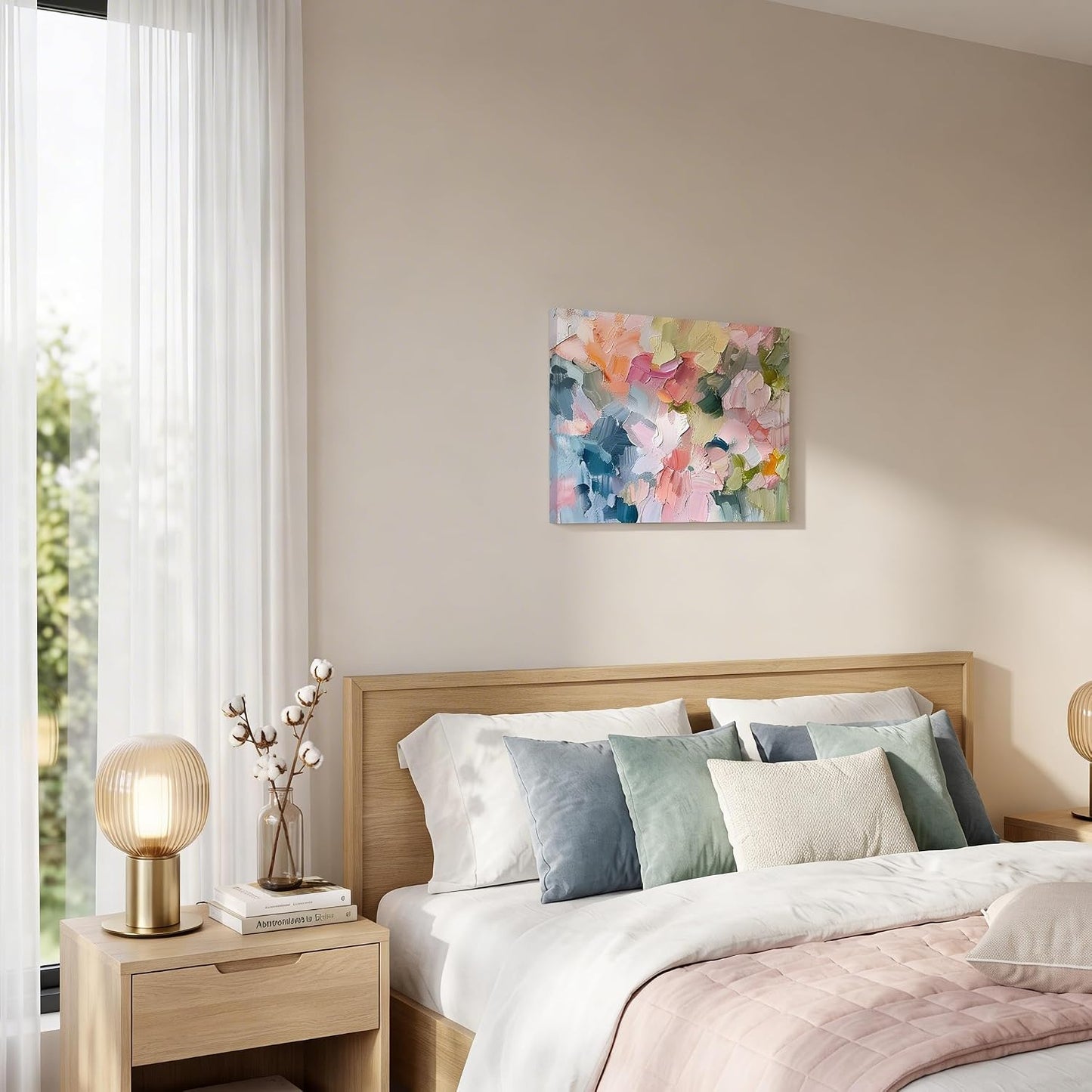 KKJ Pink Abstract Canvas Wall Art, 12 x 16 Inches | Modern Colorful Oil Painting Style Print, Danish Pastel Palette, Ready to Hang BST326H