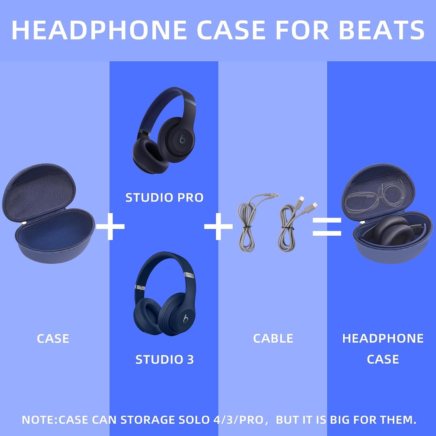 Portable Headphone Case for Beats Studio Pro / 3 Solo 3 Solo 4, Over Ear Headphone Storage Case with Large Space Pocket for Cables WN420