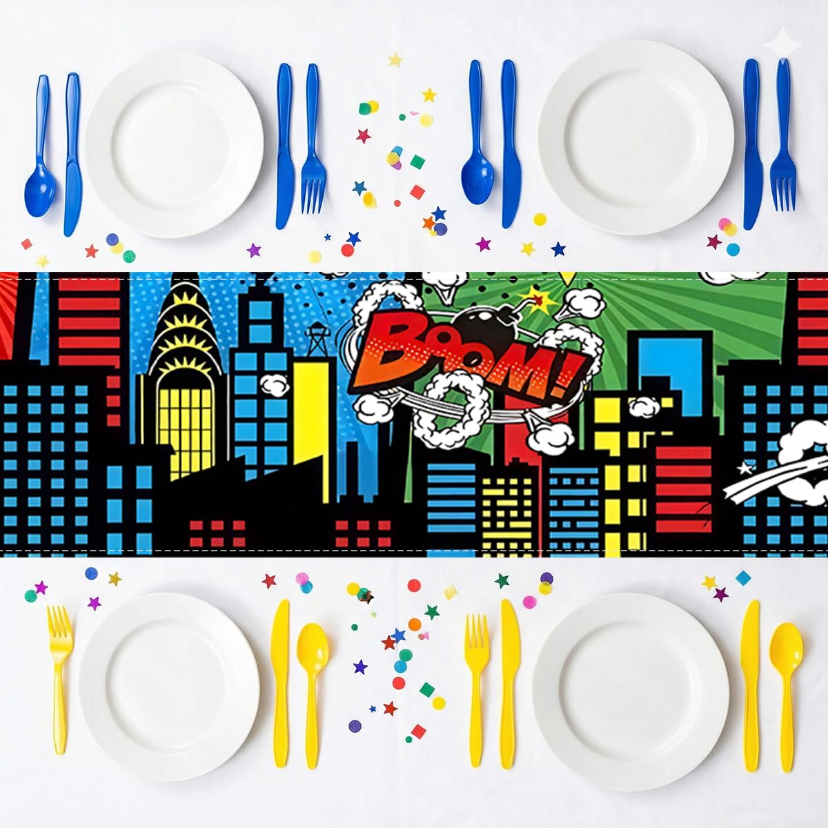 JCJT Extra Long Superhero Party Table Runner 90 Inches (Approx), Comic Book Theme Decorations, Pop Art Retro Style for Candy Buffet Table, Boys Birthday Event Supplies, 14 x 90 Inch BST220