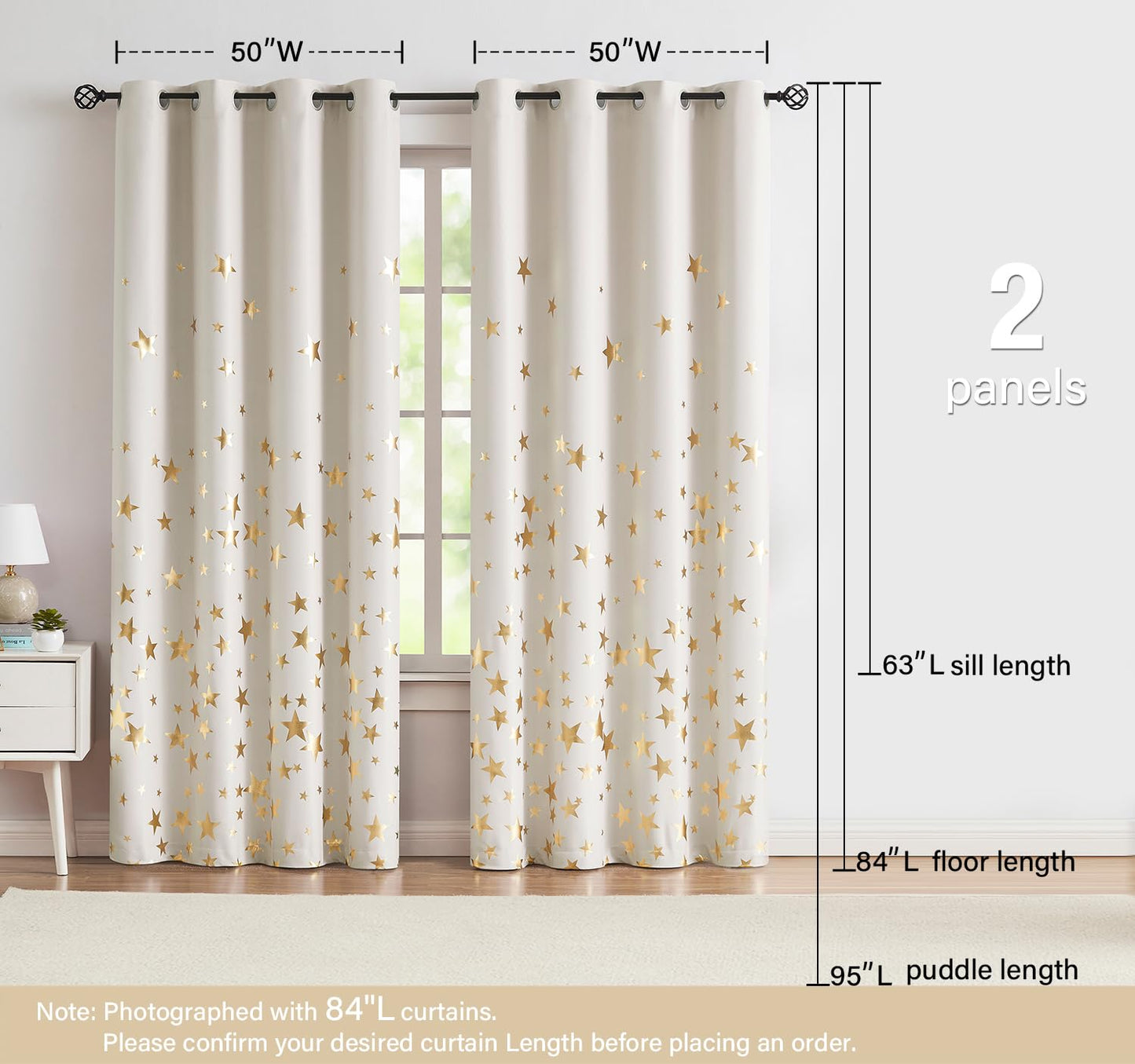Treatmentex Gold Star Black Full Blackout Curtains for Boys Bedroom, Metallic Window Panels for Baby Nursery Room Grommet Top 2 pcs(Black Gold, 50x63in) BST202