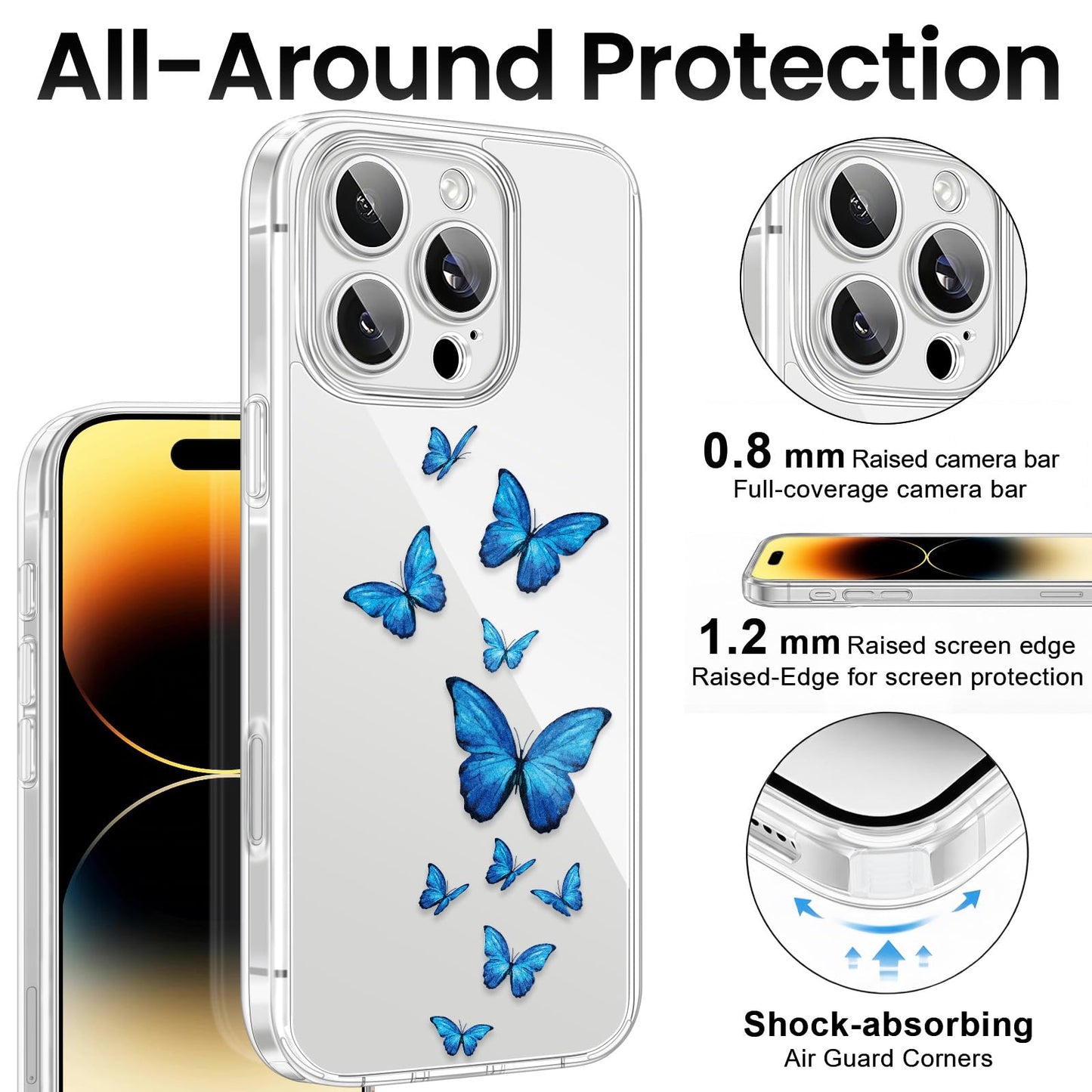 Cute Girly Crystal Clear Case Compatible with iPhone 16 Pro, Camera Control & Shockproof Protection Floral Case for Women, Blue Butterflies WN420