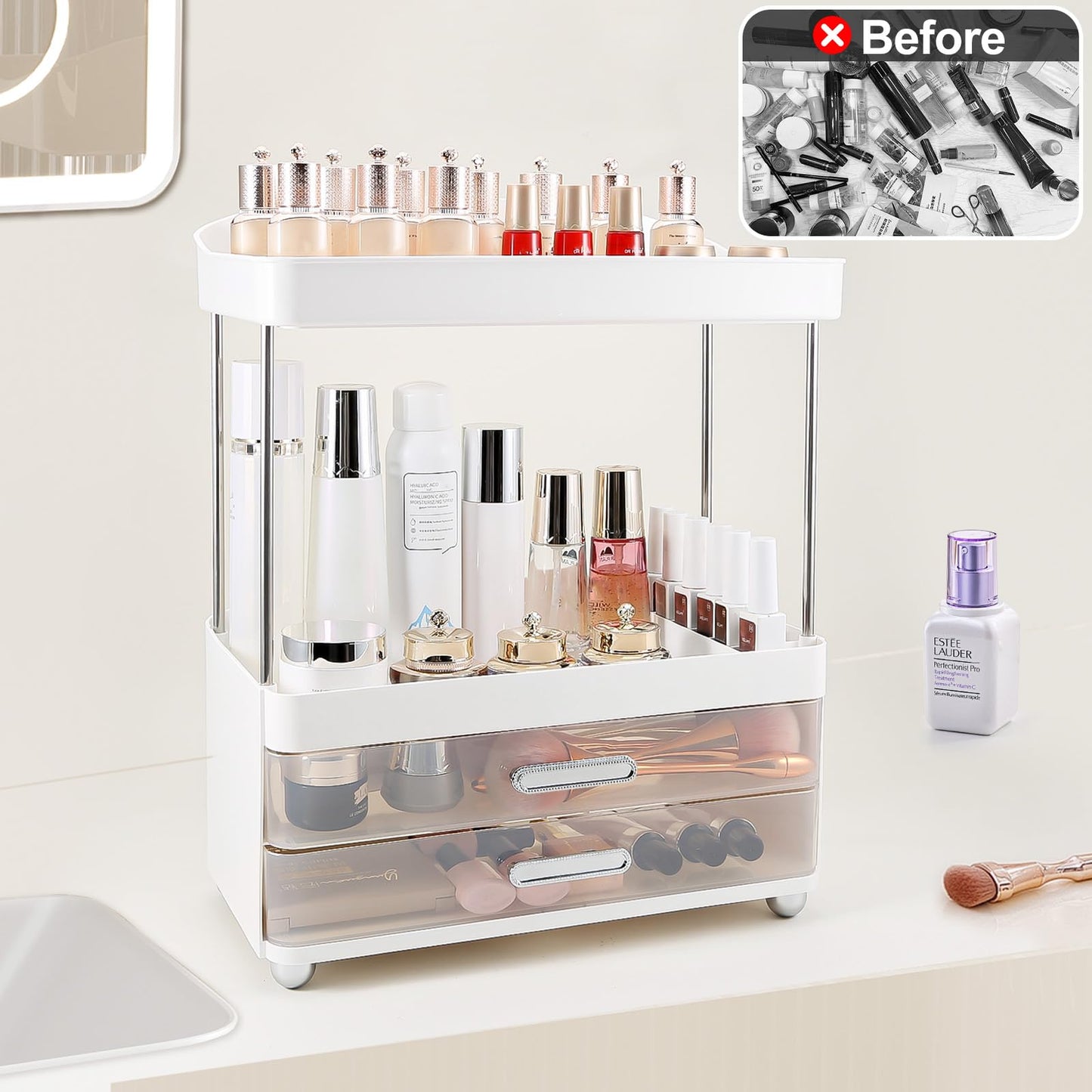 DASITON 4 Tiers Makeup Organizer, 2 Drawers Large Cosmetic Organizers for Vanity Bathroom Countertop, Bathroom Organizers and Storage for Skincare, Cosmetic, Perfume, Dresser Organizer (Cream+Clear) BST220