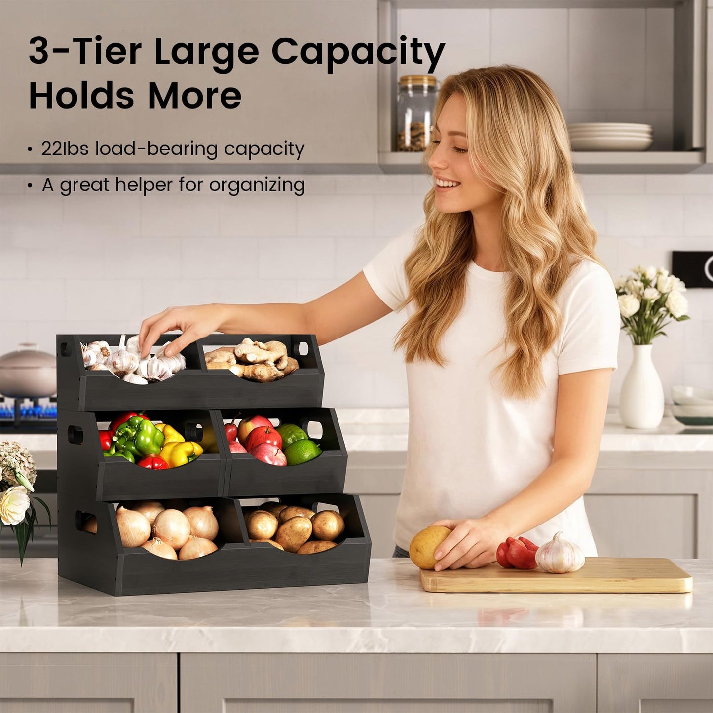 Onion Storage Bins Potato, 3 Tier Bamboo Pantry Storage Bin Stackable Ventilated Kitchen Organizer N3233