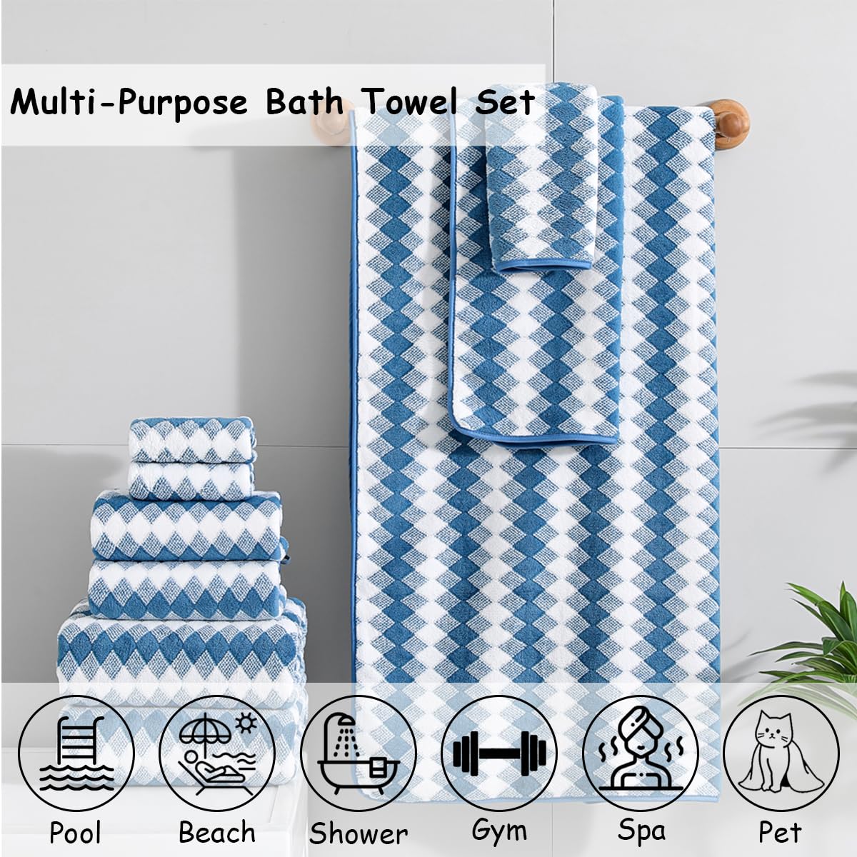 12 Pcs Light Gray Diamond Towel Set-4 Bath Towels,4 Hand Towels,4 Washcloths Soft Polyester Towels with Loop Absorbent Shower Towel Quick Dry Beach Chair Towel Family Towels for Bathroom Spa Gym Pool BST220
