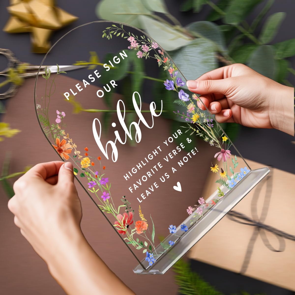 Acrylic Wedding Signs, Pick A Card Signs for Marriage Reception, Bridal Shower Decorations, Modern Arched Round Top Acrylic Table Top Sign with Holder for Wedding Party Dinner (Clear Wildflowers) BST326L