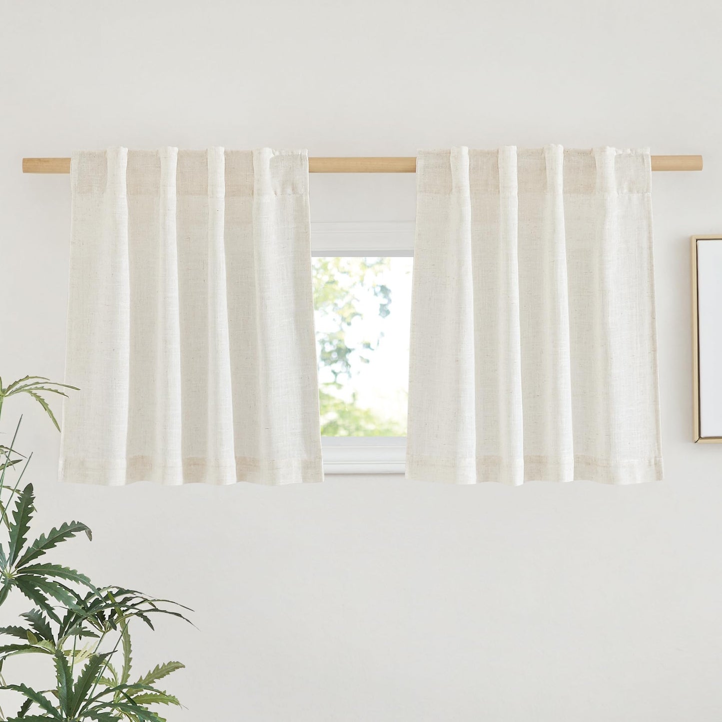 NICETOWN White Semi Sheer Kitchen Curtains 30 inch Length, Rod Pocket & Back Tab Faux Linen Blend Privacy with Light Filtering Window Drapes for Cafe, W34 x L30, 2 Panels BST220