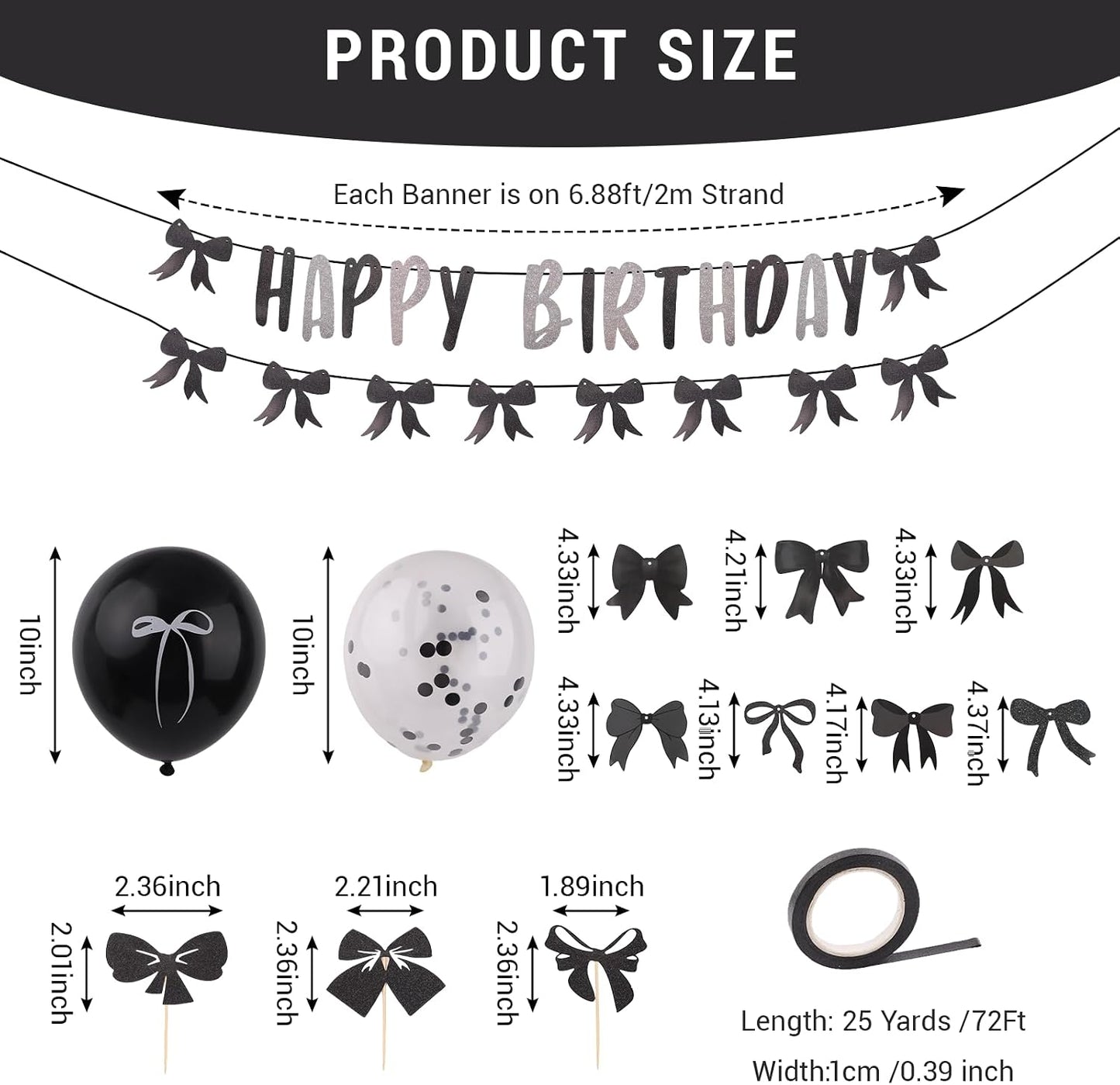 Black Bow Birthday Party Decorations, Bow Coquette Party Decor with Happy Birthday Banner Garland Black White Balloons Hanging Swirls Cupcake Toppers for Girls Women Bow Theme Decor BST220