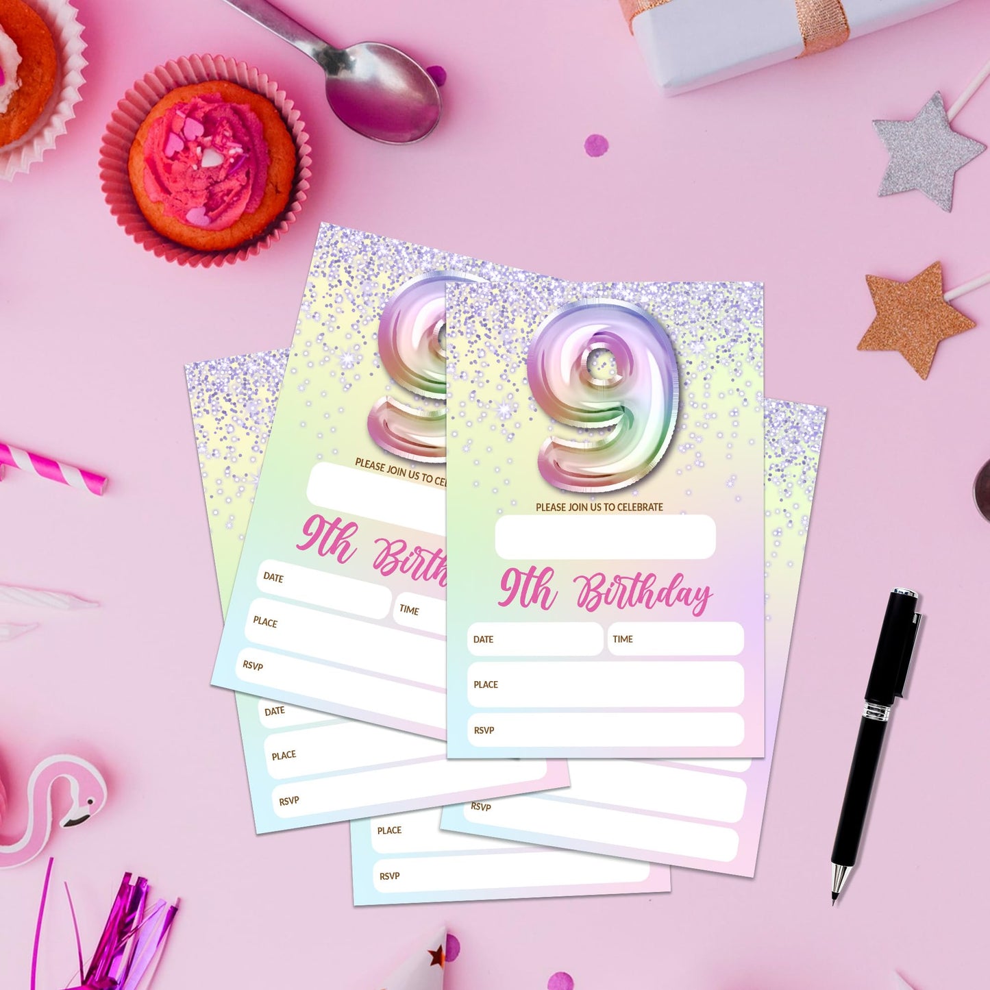 5th Birthday Invitations For Girl,Purple Glitter Birthday Invites, 20 Fill-in Rainbow Balloons Invitation Cards With Envelopes, Fifth Party Decorations 4x6 Inch-D05 WN420