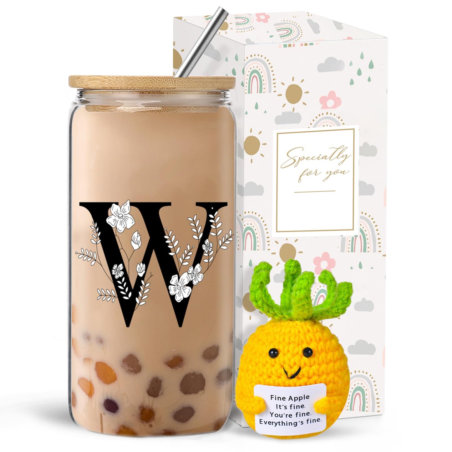 Monogrammed Initial Glass Cup with Lids and Straws gift for Women | Personalized Gift Set with Doll, 16 Oz Ice Coffee Cup ,reusable glass tumbler,Birthday Christmas Gift for Her,U WN420