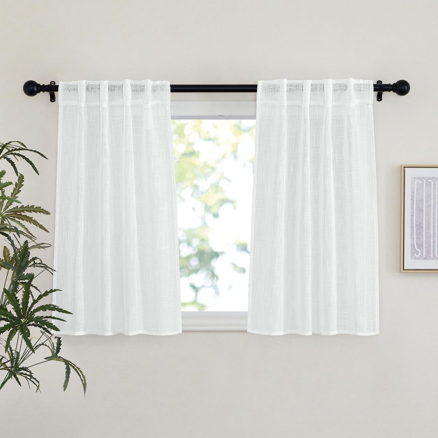 NICETOWN White Semi Sheer Kitchen Curtains 30 inch Length, Rod Pocket & Back Tab Faux Linen Blend Privacy with Light Filtering Window Drapes for Cafe, W34 x L30, 2 Panels BST220