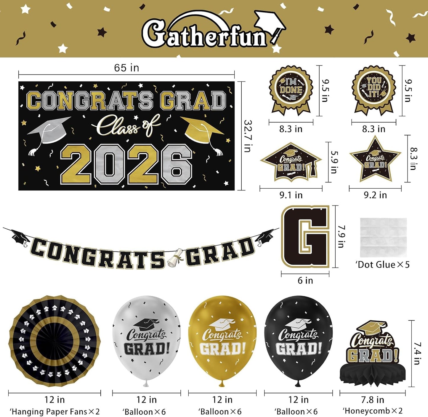 Black and Gold Themed 2026 Graduation Decorations Set - Congrats Grad Banner, Class of 2026 Backdrop, Balloons & Streamers Kit - Graduation Party Supplies for High School & College Celebrations BST326H