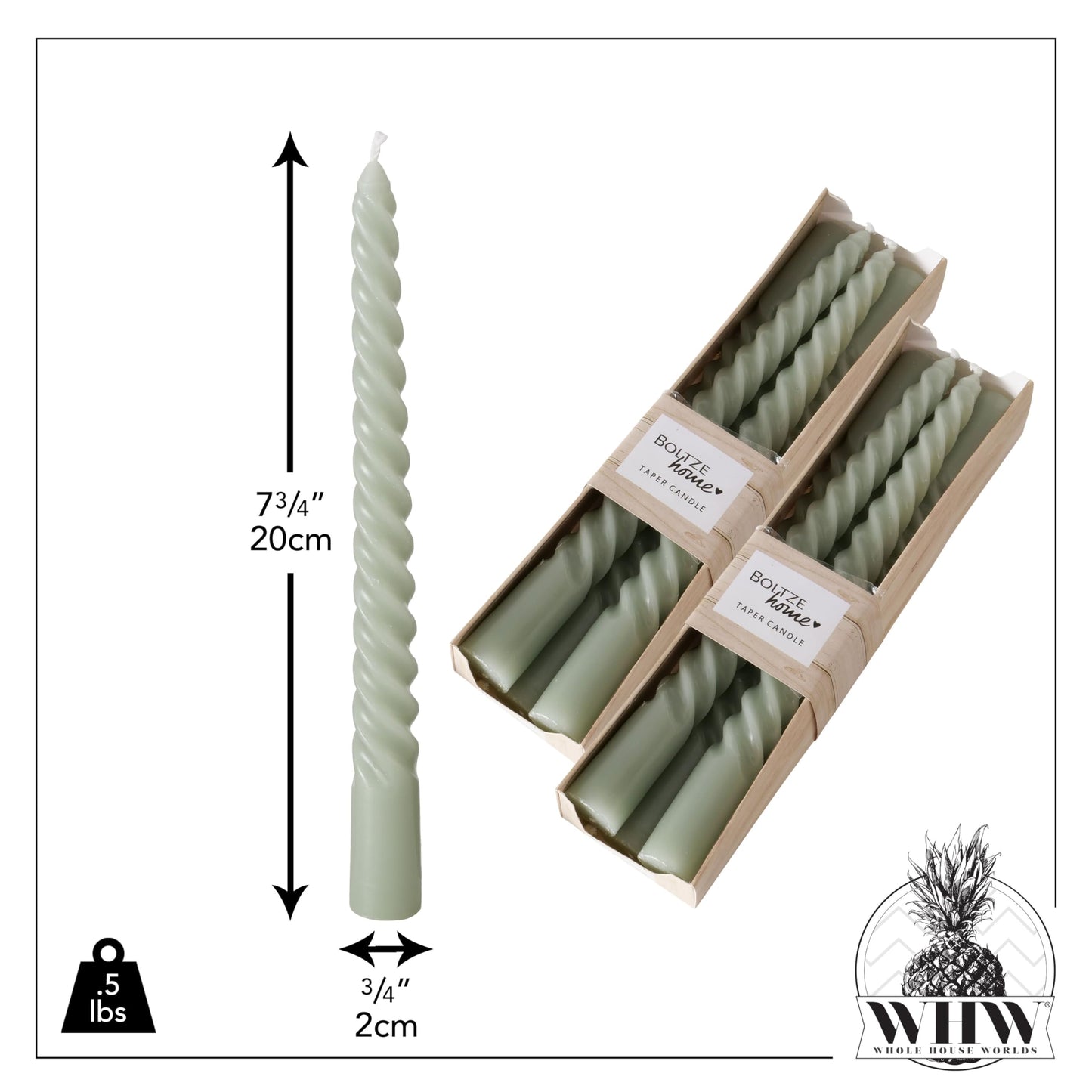 12 Piece Pale Green Twist Taper Candles, 2 Boxed Sets of 6, 4 Hours Burn Time, Paraffin Wax, 7.75 Inches BST220