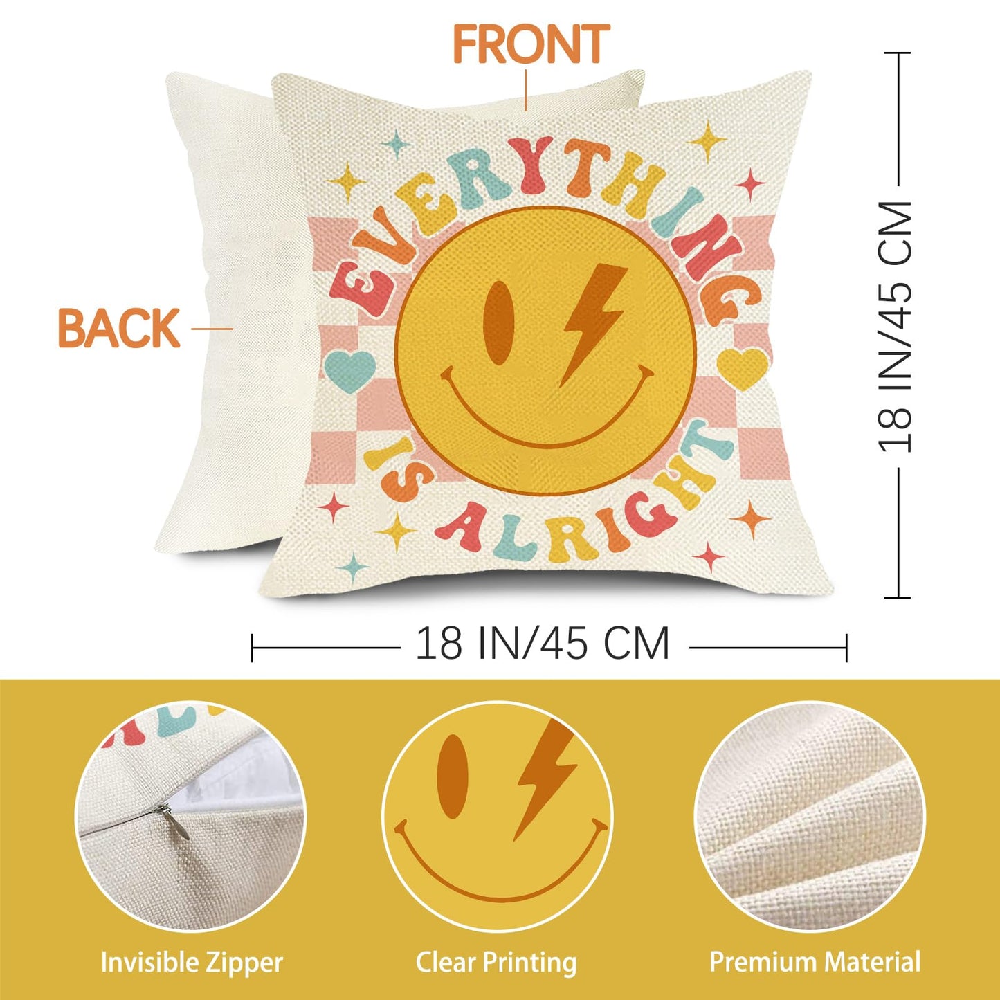 Groovy Smiling Face Inspirational Decorative Throw Pillow Covers | 20 x 20 Set of 4, Pink Hippie Smile Flower Porch Outdoor Home Decor, Motivational Quote Everything is Alright Couch Cushion BST202