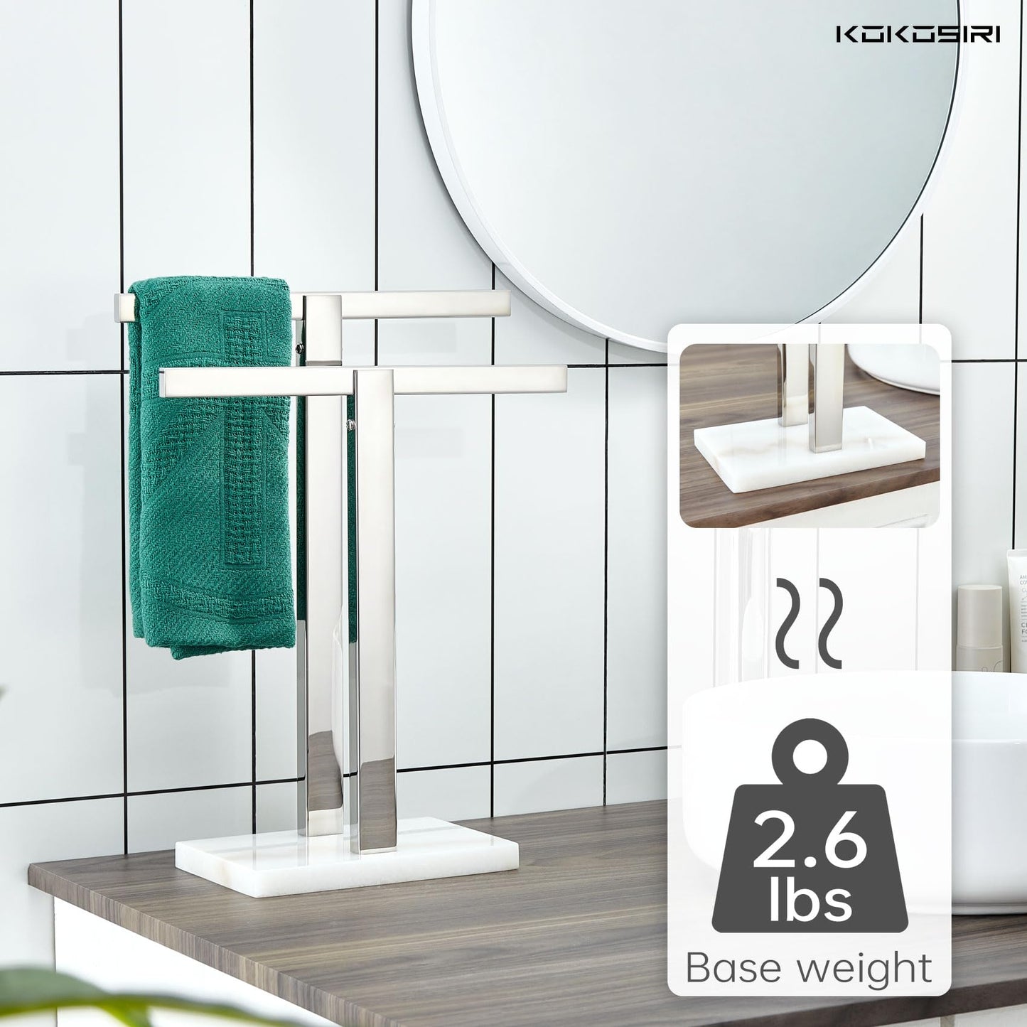 KOKOSIRI Hand Towel Holder Black Stand Towel Rack with Marble Base for Bathroom Kitchen Vanity Countertop, Stainless Steel 15.7'' Height THS0002-SM-BK BST202