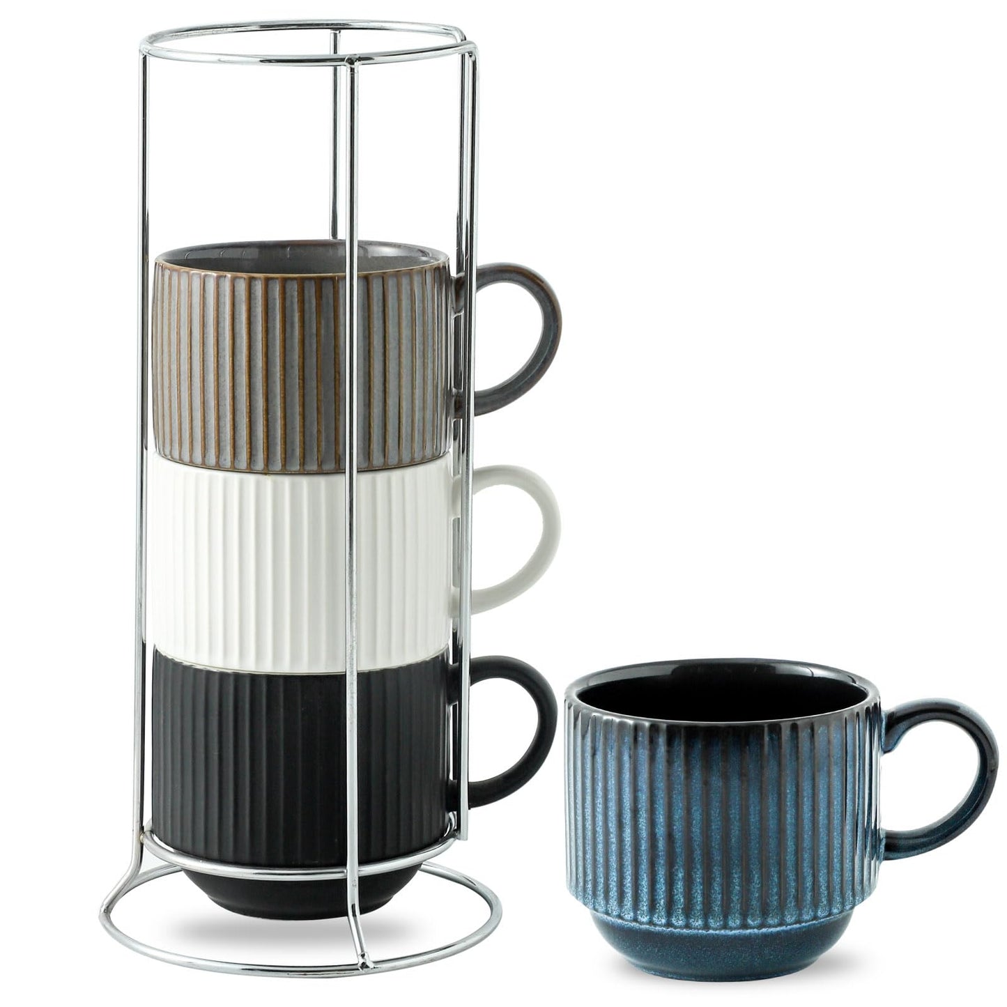 HASENSE 15 oz Ribbed Stackable Coffee Mug Set of 4, Porcelain Latte Cups with Metal Rack, Dishwasher & Microwave Safe, Cappuccino Tea Hot Cocoa, White BST220