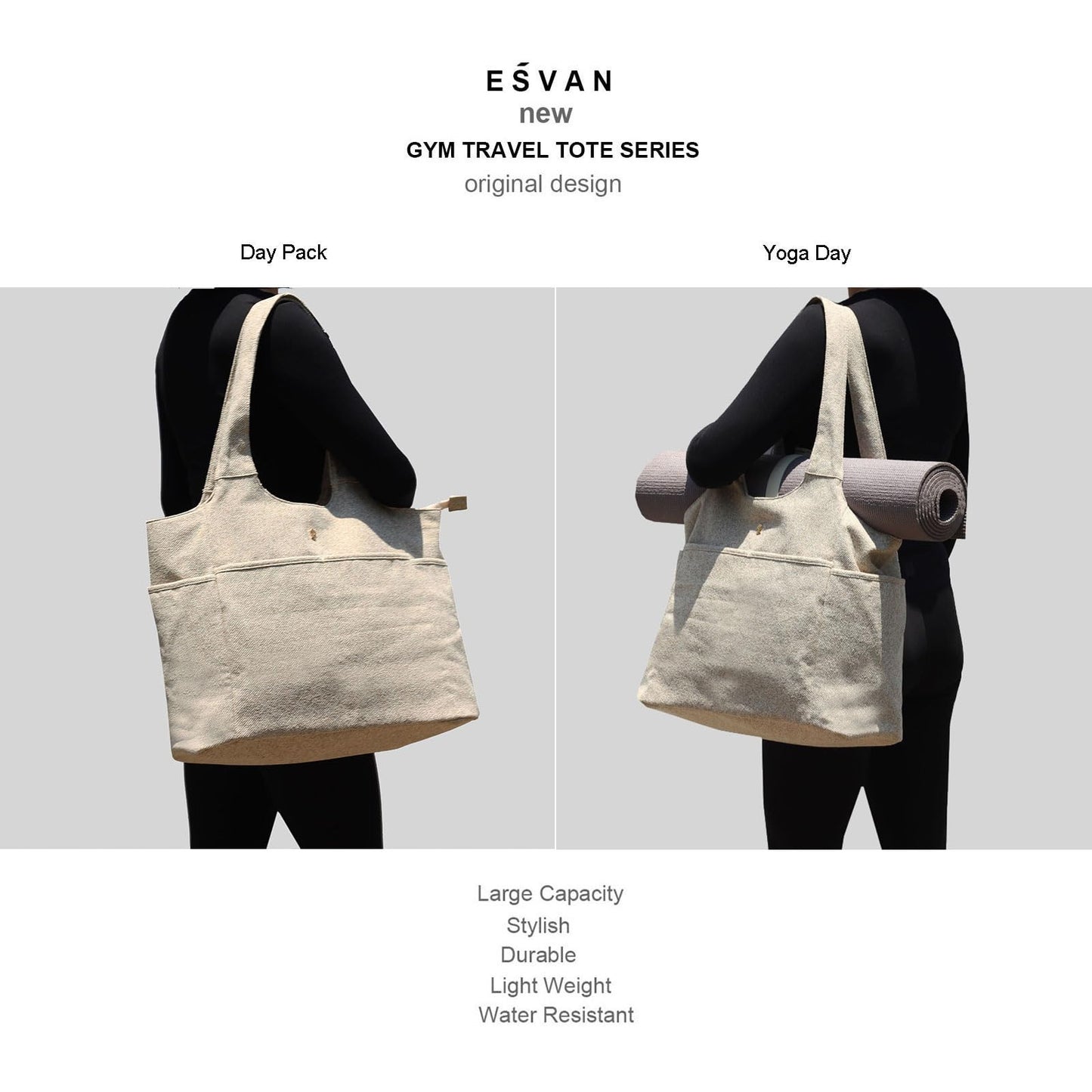 ESVAN Yoga Tote Bag Mat bag Women Shoulder Bags Carryall Tote for Travel Office Workout Gym Nurse Beach BST326H