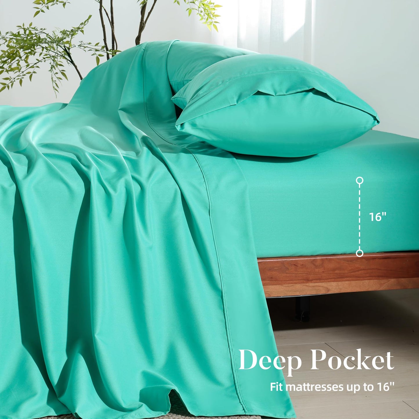 4 Piece Twin Size Sheet - Cooling Bed Sheets Set, Blend Rayon Derived from Bamboo, Breathable Soft Hotel Luxury Bedding & Pillowcases, Silky Fit 16 inch Extra Deep Pocket, Oeko-Tex - Olive Green BST326H