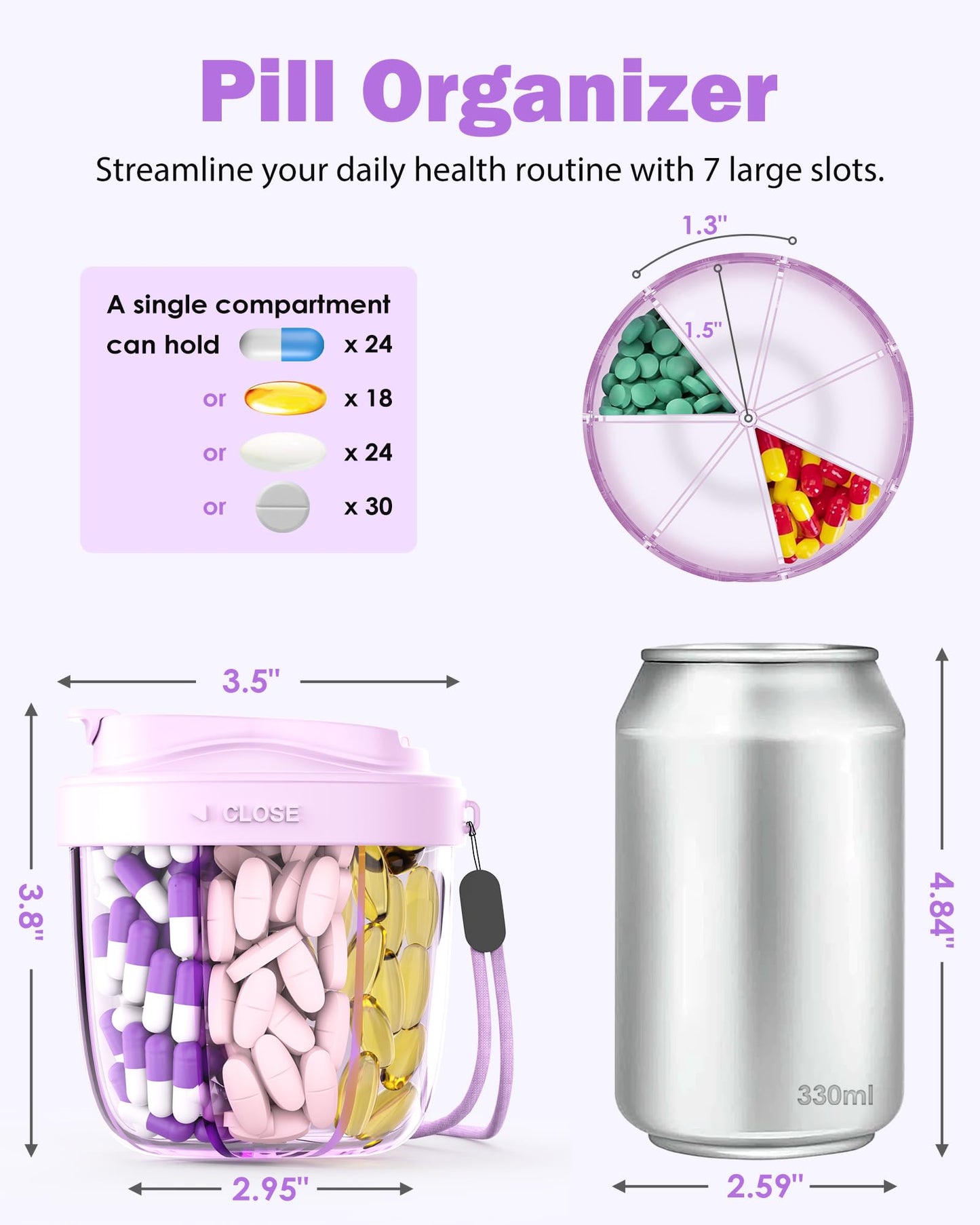 Cute Pill Organizer,Pill Dispenser with 7 Large Compartments,Portable Pill Bottle Box with Wide Opening for Easy Use, Anti-Mix Pills Organizer for Travel,Includes 20 Pcs Sticky Labels(Black) WN420