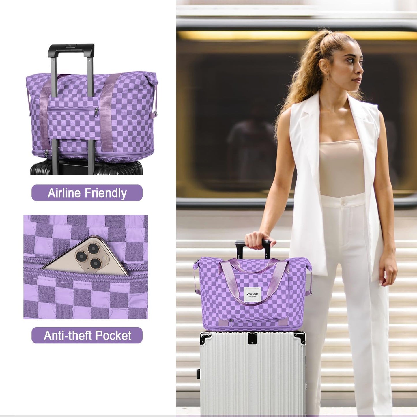 WOOMADA Foldable Travel Duffel, Weekender & Carry-On Bag with Expandable Space BST326H