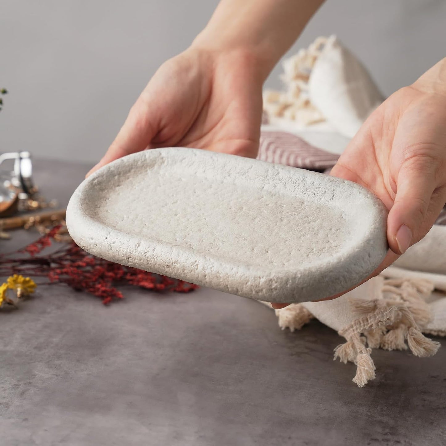 NiHome Natural Travertine Jewelry Tray for Bracelets, Necklaces, Rings, 7.8"x3.9"x0.86" Durable and Easy-to-Clean Key Dish, Minimalist Cement Organizer Decorative Tray for Bedroom, Vanity, Living Room BST326L