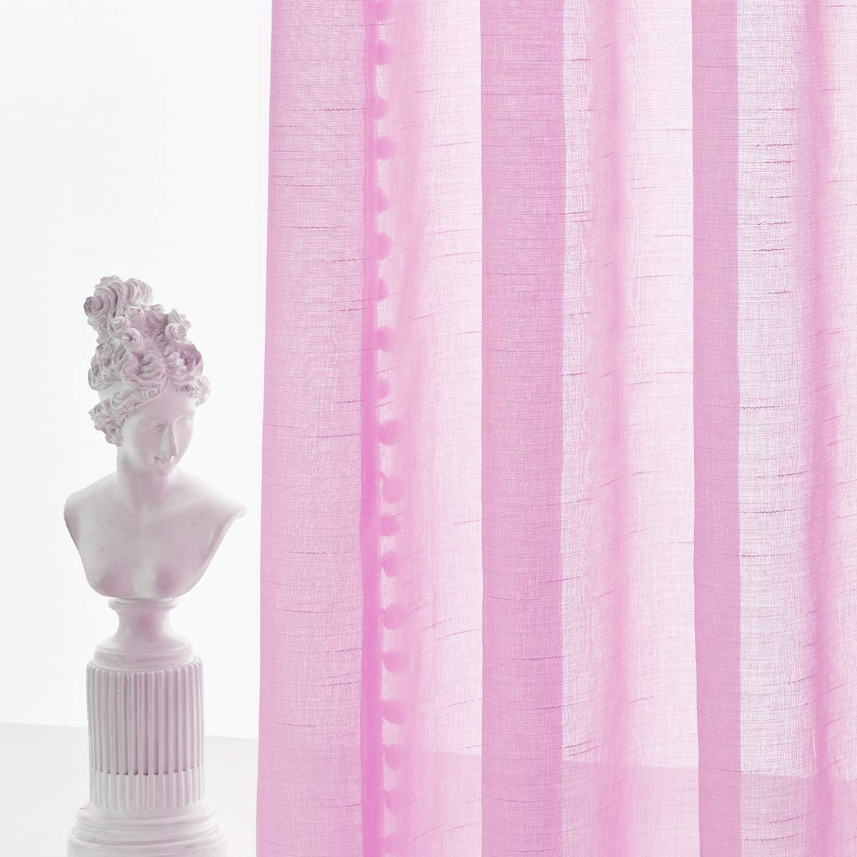 Treatmentex Pom-Pom Grey Sheer Curtains for Bedroom 63" Window Drapes Rod Pocket Textured Sheer Curtain for Kids Room 52" w 2 Panels BST202