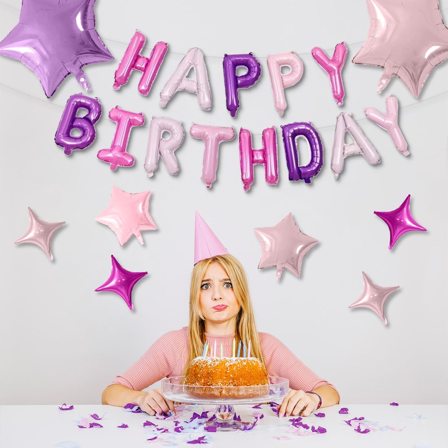 Happy Birthday Balloons Banner, Rainbow Happy Birthday Foil Balloons 16 Inch Foil Letter Balloon with 8 Pcs Gradient Blue Pink Star Balloon for Women Men Boys Girls Birthday Party Decoration WN420
