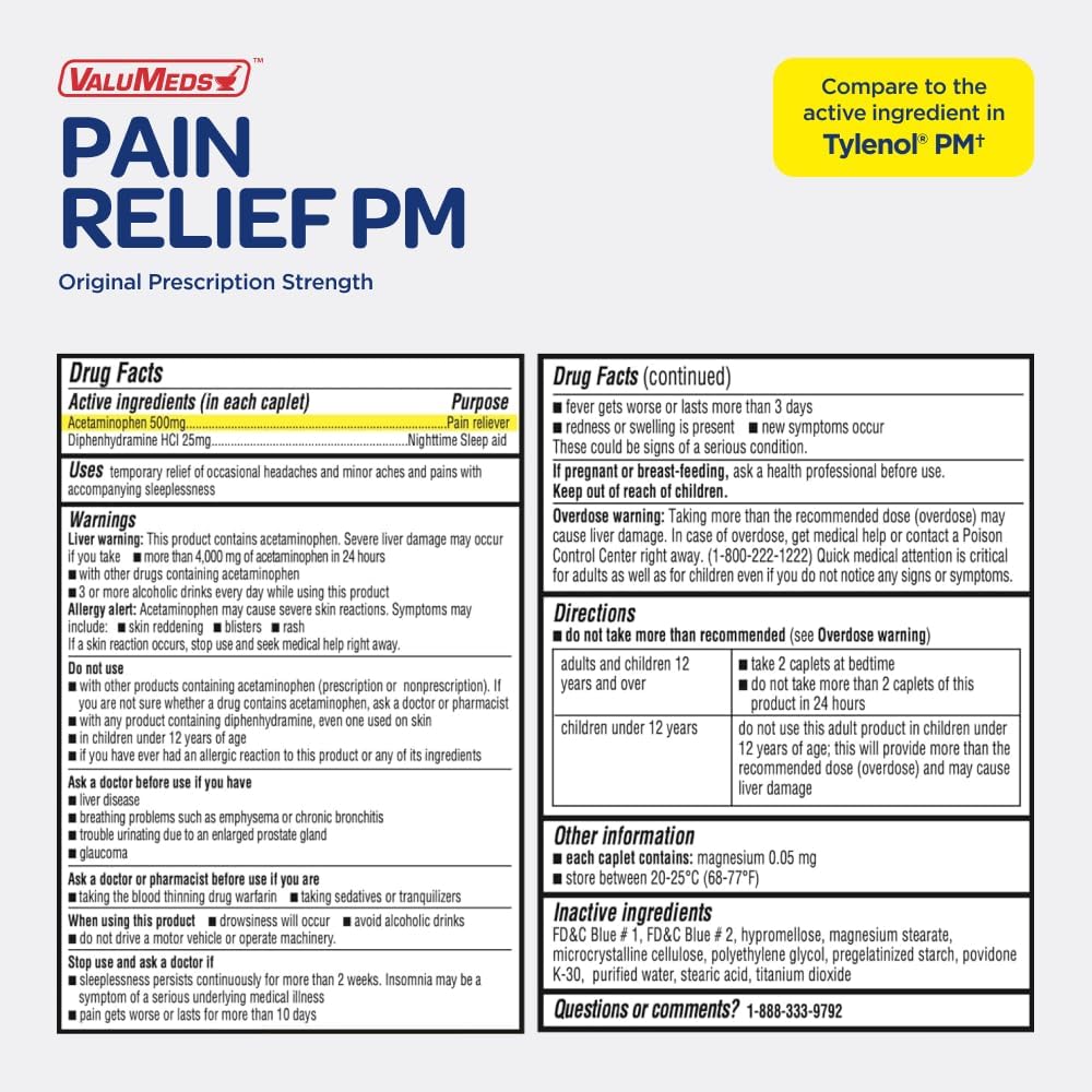 ValuMeds Compare to Tylenol PM PM Pain Reliever & Sleep Aid, Generic Acetaminophen 500mg, Fast-Acting, Extra Strength for Headaches, Migraines, Aches | Non-Habit Forming (375 Count)