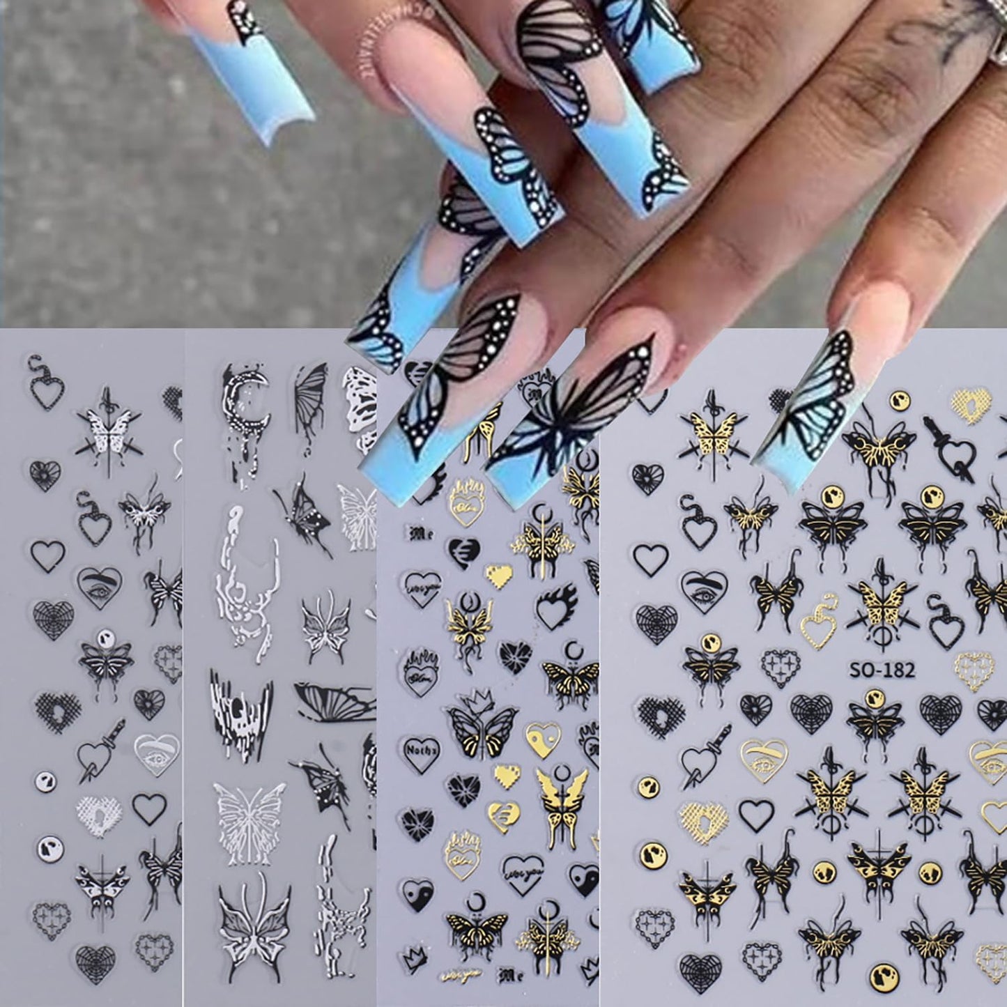 Liquid Butterfly Nail Art Sticker Decals Black Gold Black Silver Butterfly Moon Design Nail Decals 3D Self-Adhesive Nail Art Supplies Heart Nail Art Sticker Decoration for Women Manicure Supplies BST326L