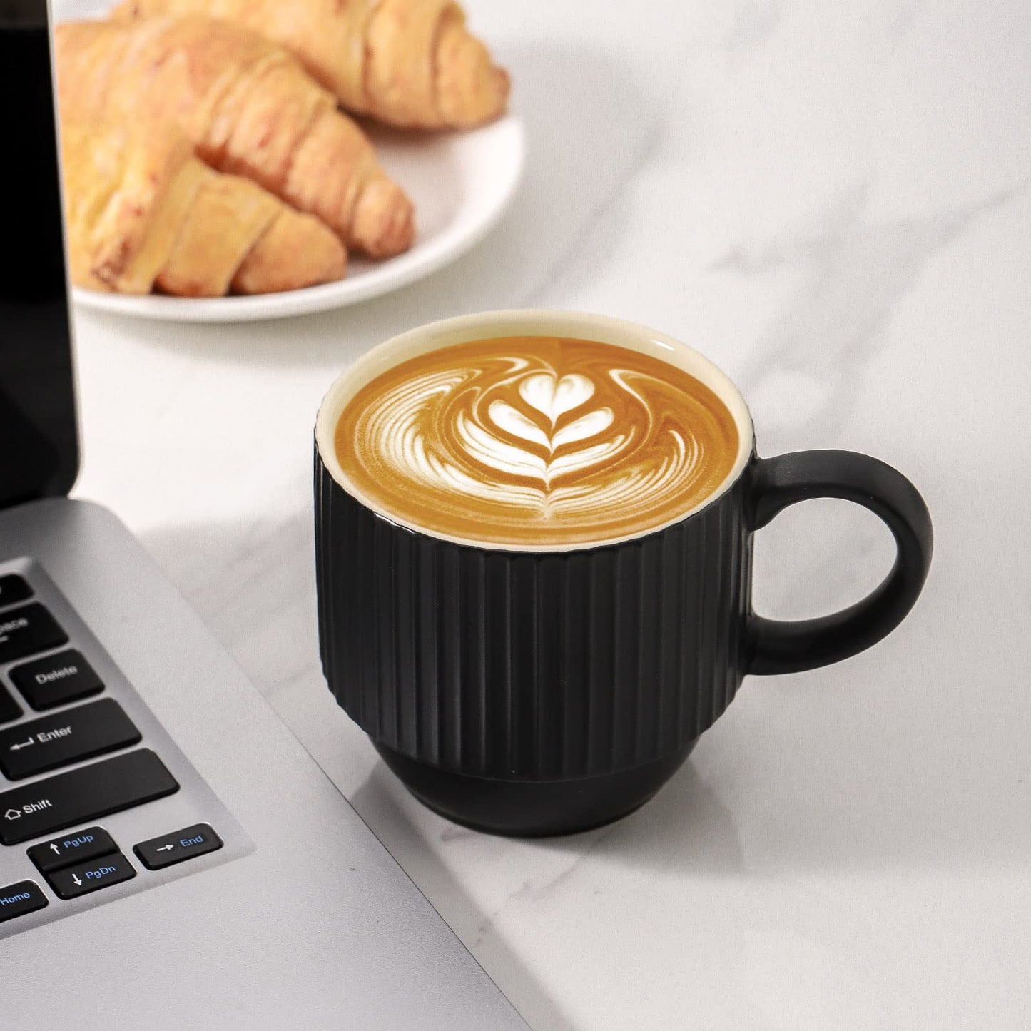 HASENSE 15 oz Ribbed Stackable Coffee Mug Set of 4, Porcelain Latte Cups with Metal Rack, Dishwasher & Microwave Safe, Cappuccino Tea Hot Cocoa, White BST220