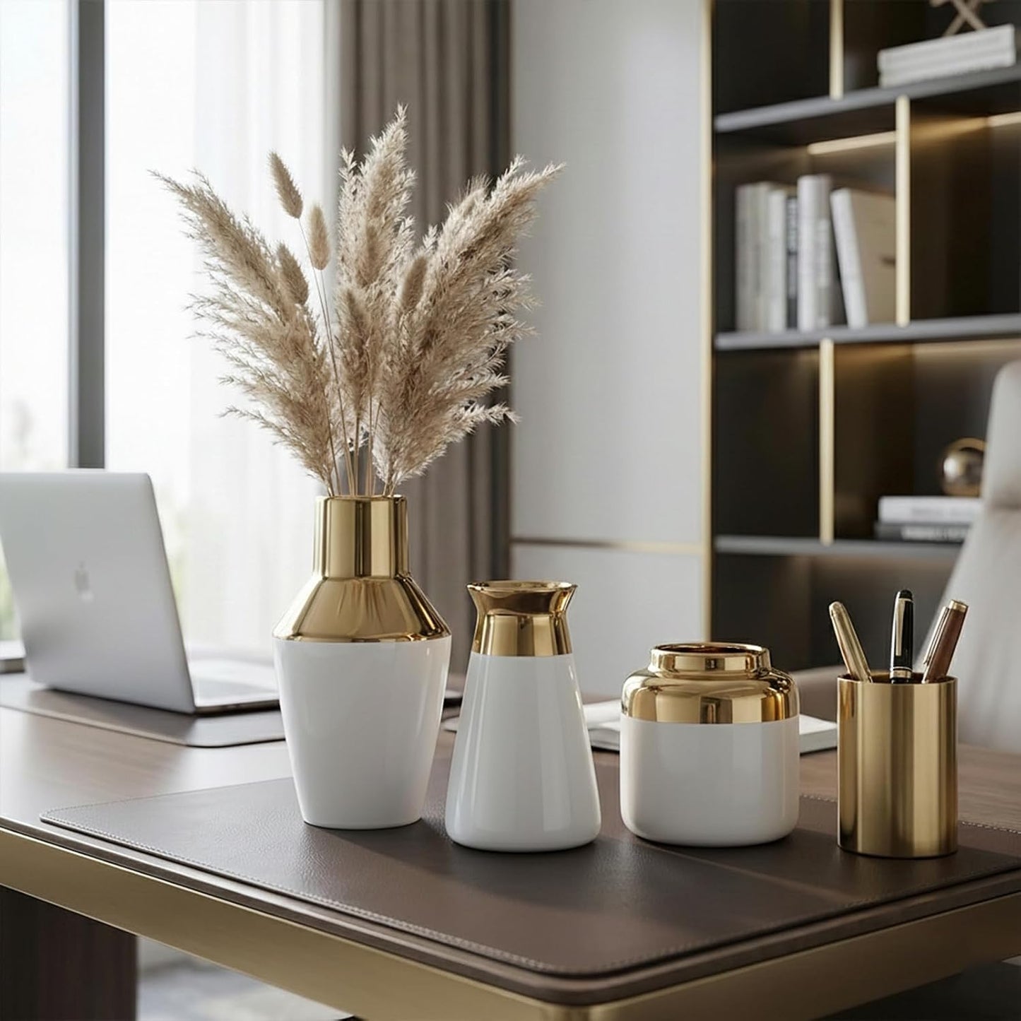 3 Piece Wide Mouth Vase Set for Table Centerpiece, Ceramic White Gold Flower Vase for Pampas Grass Decor, Glossy Gold Unique Vases for Bathroom Fireplace Top Shelf Entryway Decorative BST220