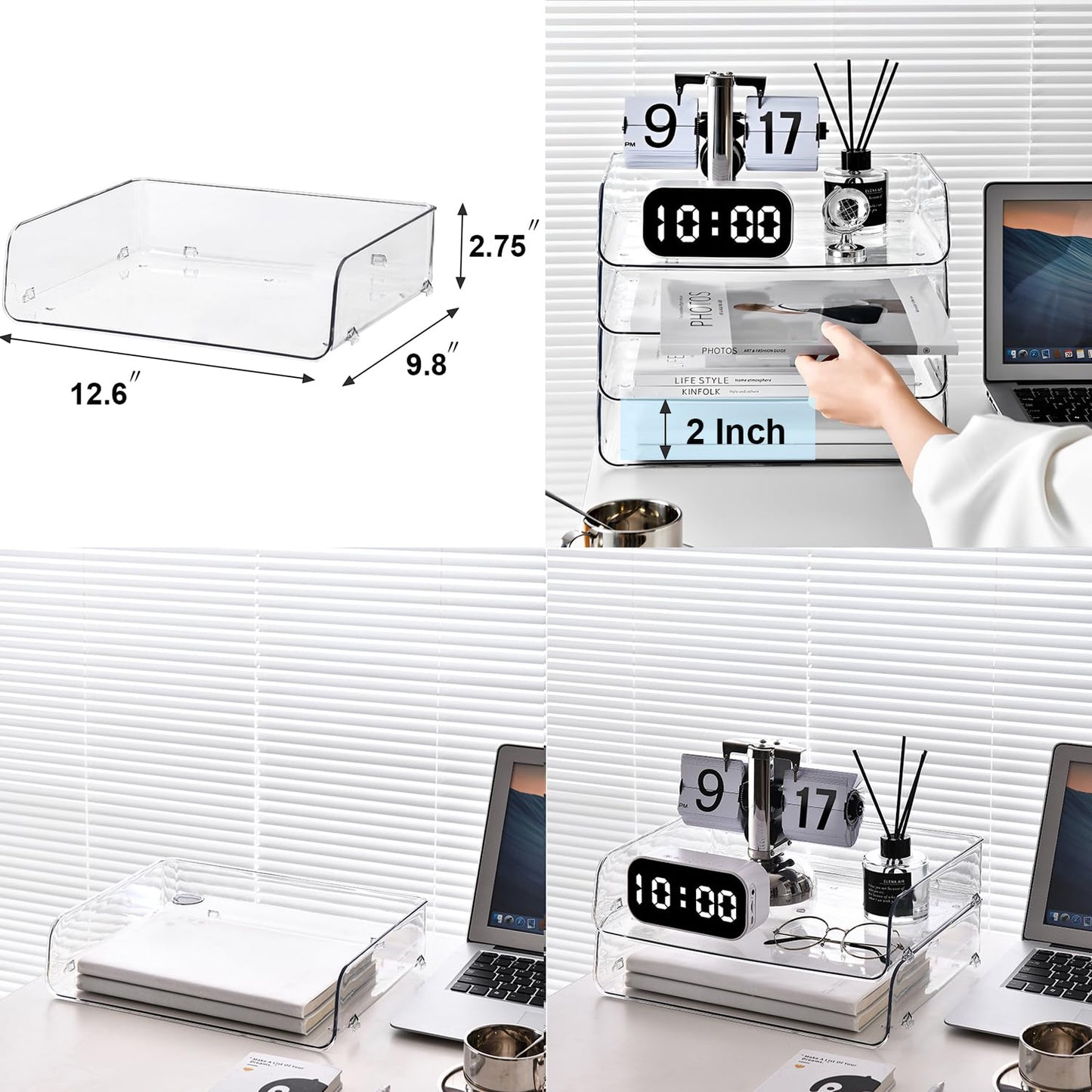Gagee 4 Pack Paper Organizer for Desk,Stackable Paper Tray Book Holder for Classroom,Office and More,Letter Tray Desk Organizer,Clear BST220