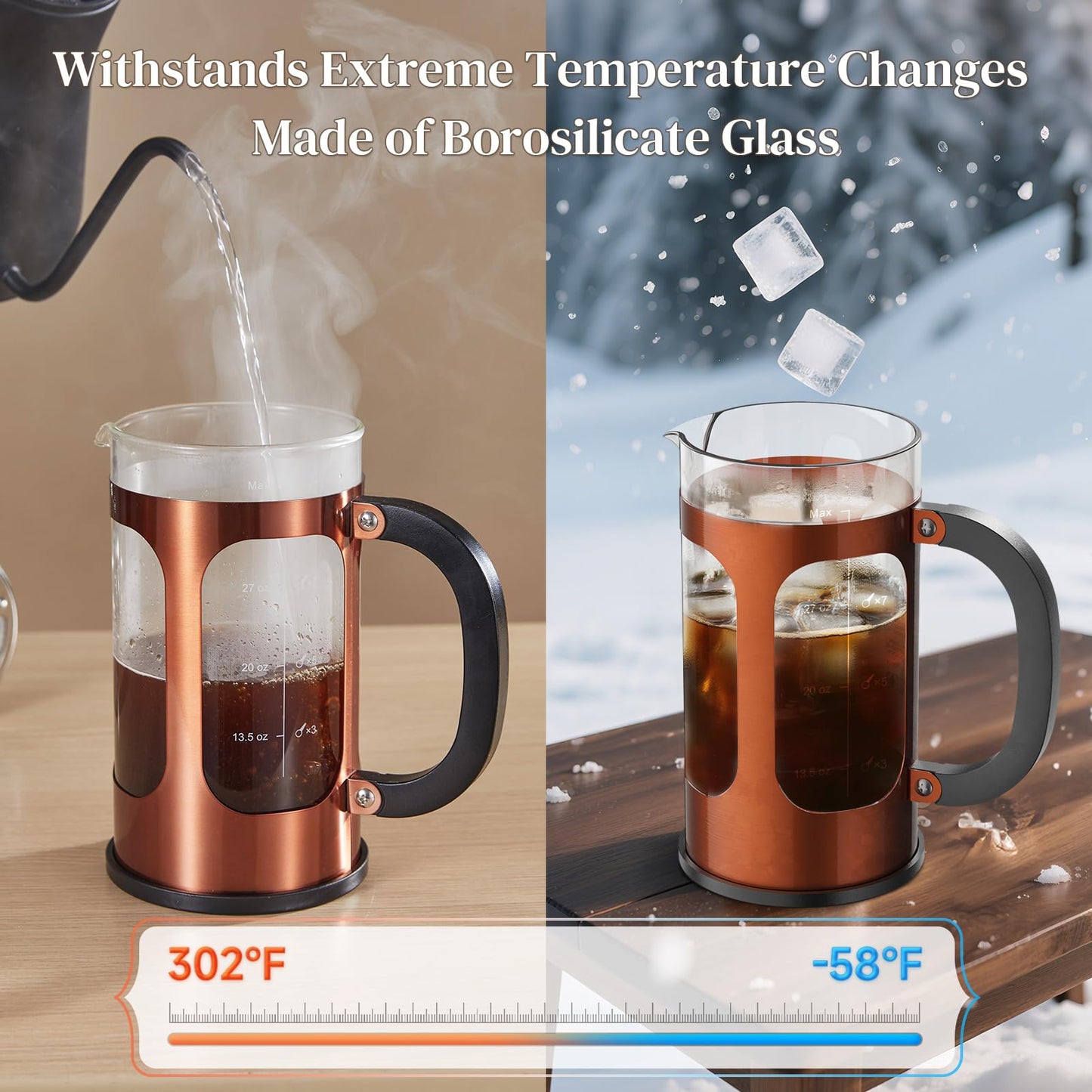 Veken French Press Coffee Maker 34oz, No Plastic Touching Cafe,Thickened Glass Stainless Steel Brewer, Cold Brew Cafetera Tea pot for Kitchen Travel Camping, Gifts, Decor, Bar Accessories, Dark Pewter