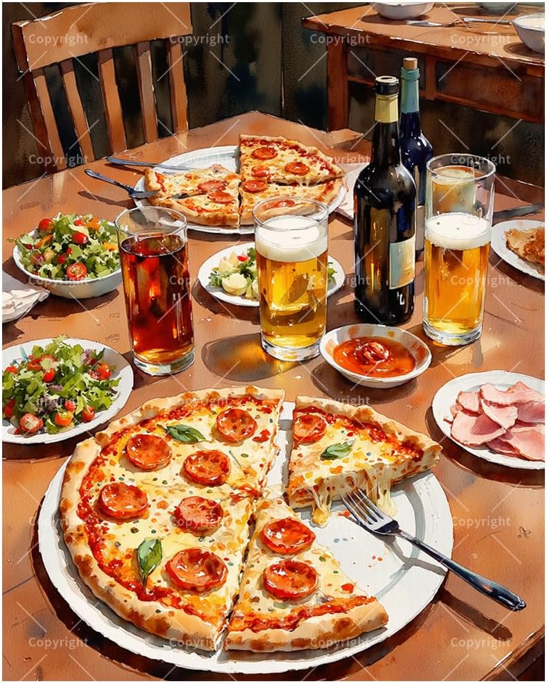 Food & Drink Paint by Numbers Kit for Adults - DIY Pepperoni Pizza and Drink Table Painting on Canvas 12x16 Inches, Acrylic Paint Set, Suitable for Beginners, Art for Kitchen Decor or Gifts BST326H