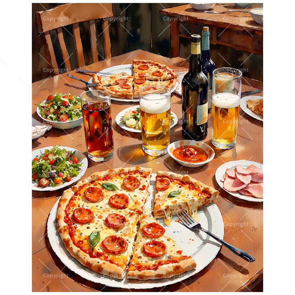 Food & Drink Paint by Numbers Kit for Adults - DIY Pepperoni Pizza and Drink Table Painting on Canvas 12x16 Inches, Acrylic Paint Set, Suitable for Beginners, Art for Kitchen Decor or Gifts BST326H