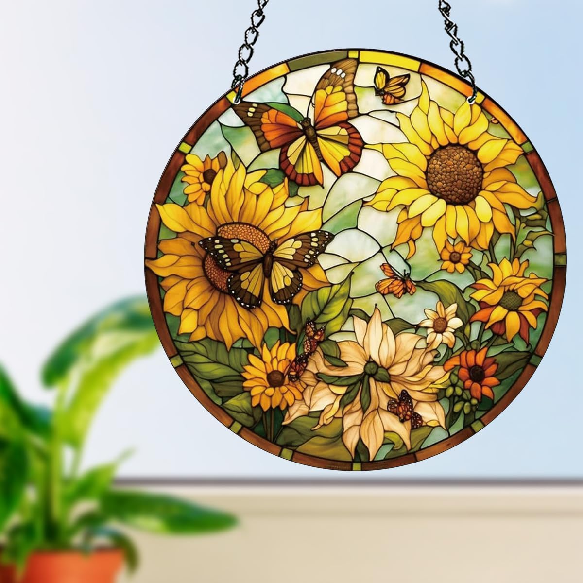 HOTIYOK Sunflower Stained Acrylic Window Hangings Panels Butterfly for Window Yellow Birthday Memorial Gift for Mom Flower Lover Home Garden Decoration BST220