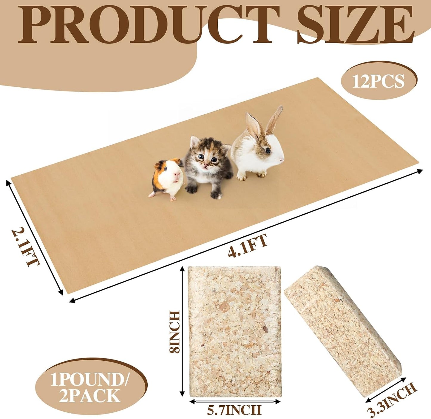 AmazingSpark 14 Pcs Guinea Pig Cage Accessories Include 12 Pcs 4.1 x 2.1 ft Disposable Guinea Pig Cage Liner 2 Pack 35 oz Pet Shavings Bedding Waterproof Kraft Bottom for Small Animal Hamster Rabbit WN420