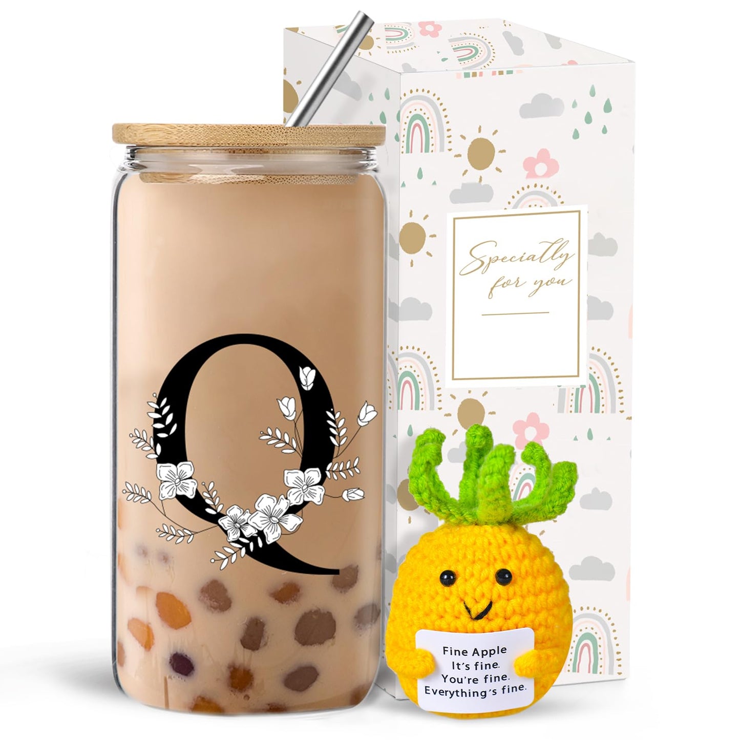 Monogrammed Initial Glass Cup with Lids and Straws gift for Women | Personalized Gift Set with Doll, 16 Oz Ice Coffee Cup ,reusable glass tumbler,Birthday Christmas Gift for Her,U WN420