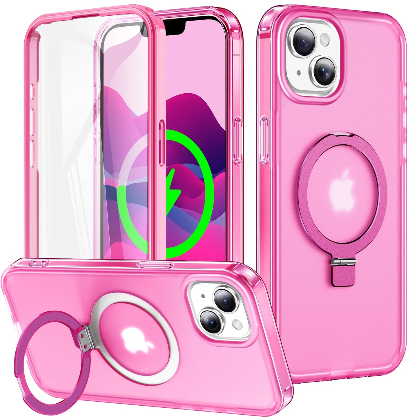 for iPhone 13 Pro Full Body Shockproof Case with Magnetic Invisible Stand [Compatible with MagSafe] Built-in Screen Protector Military Drop ProtectionTranslucent Phone Cover -Hot Pink WN420