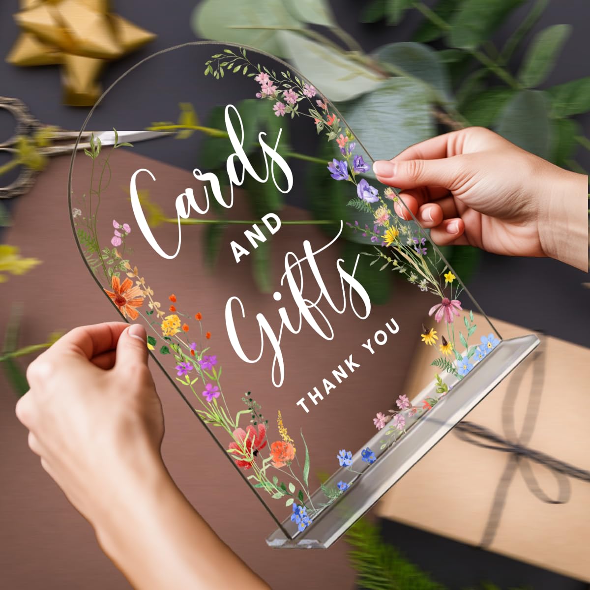 Acrylic Wedding Signs, Pick A Card Signs for Marriage Reception, Bridal Shower Decorations, Modern Arched Round Top Acrylic Table Top Sign with Holder for Wedding Party Dinner (Clear Wildflowers) BST326L