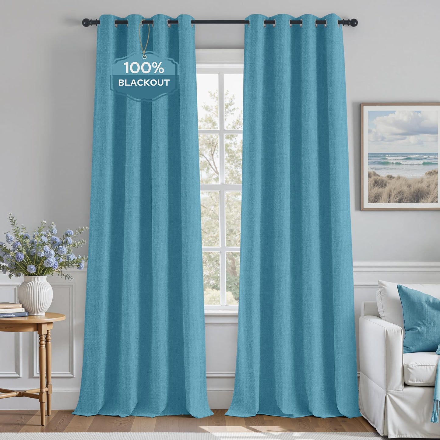 HOMEIDEAS 100% Ivory Cream Linen Blackout Curtains for Bedroom, 52 x 96 Inch Length 2 Panels Faux Linen Thermal Insulated Black Out Grommet Window Drapes for Living Room BST202