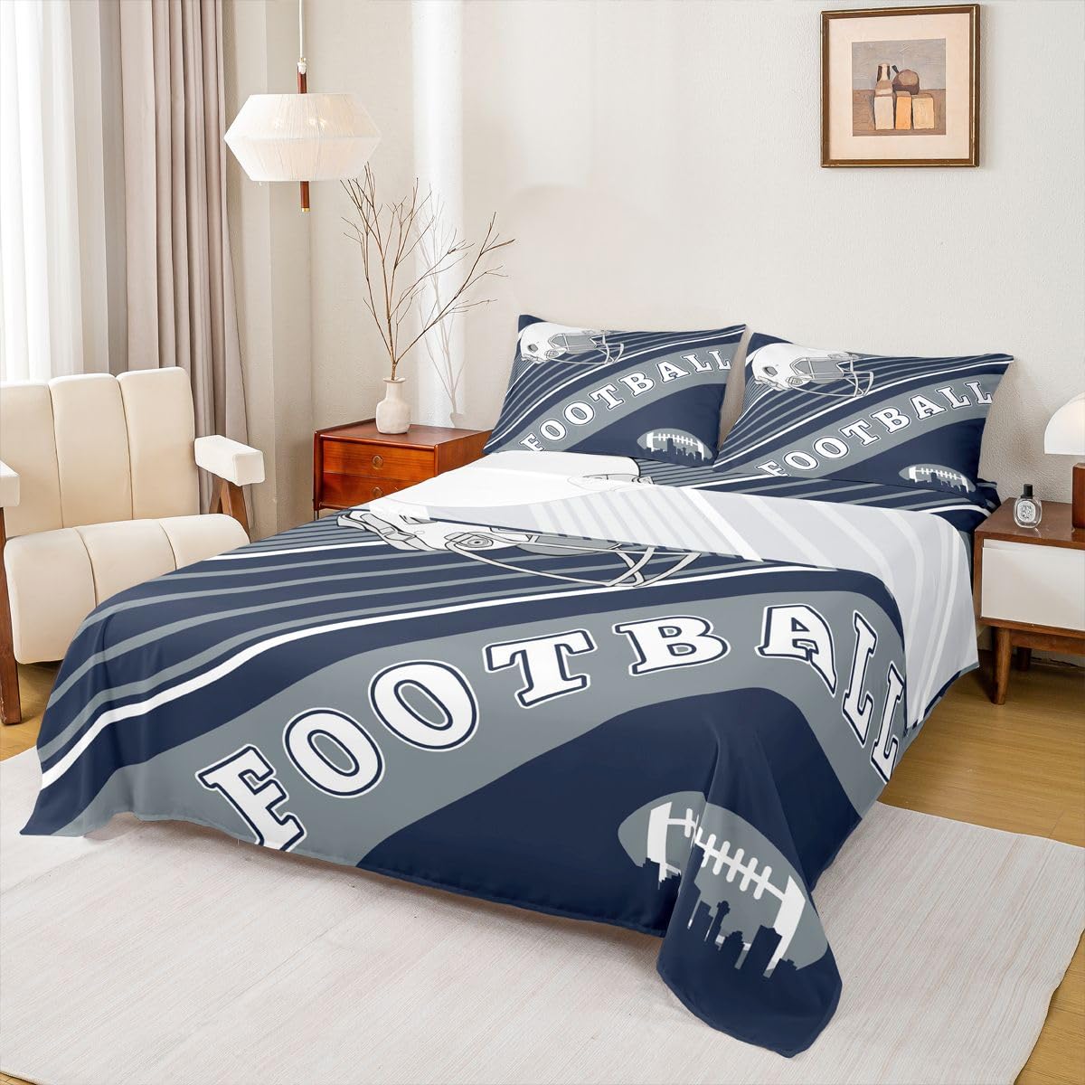 Erosebridal Gridiron Sheet Set Sports Ball Game Sheets Twin for Boys Girls Rugby Competition Game Bed Sheets Set, Football Themed Bedding Set with 1 Pillowcase BST326H