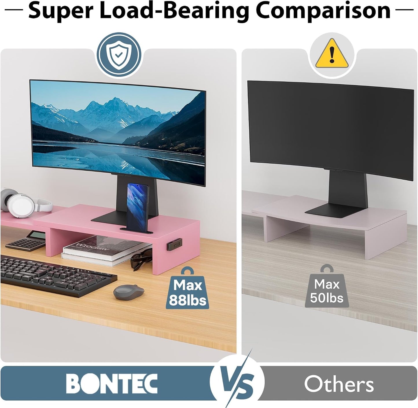 BONTEC Dual Monitor Stand Riser, Adjustable Length & Swivel Angle, Pink | Ergonomic Wooden Desktop Organizer with Smartphone Holder, Computer Monitor Stand for PC, Laptop, Printer and Large Storage BST202