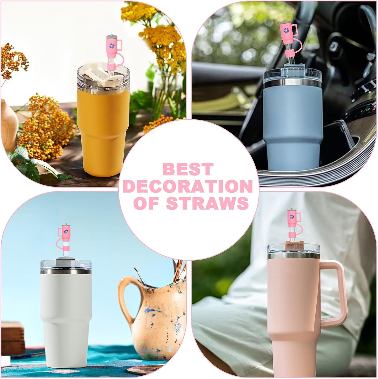AUAUY 4 Straw Covers for Stanley Cup 40oz & 30oz, Reusable Straw Tips 0.4"/10mm, Cute Accessories (Rose Red Cup) WN420